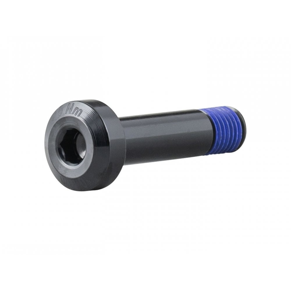 Black Trek M8x1.25 button head shock mount bolts, 33mm length, for full-suspension bike components, shown on bike part