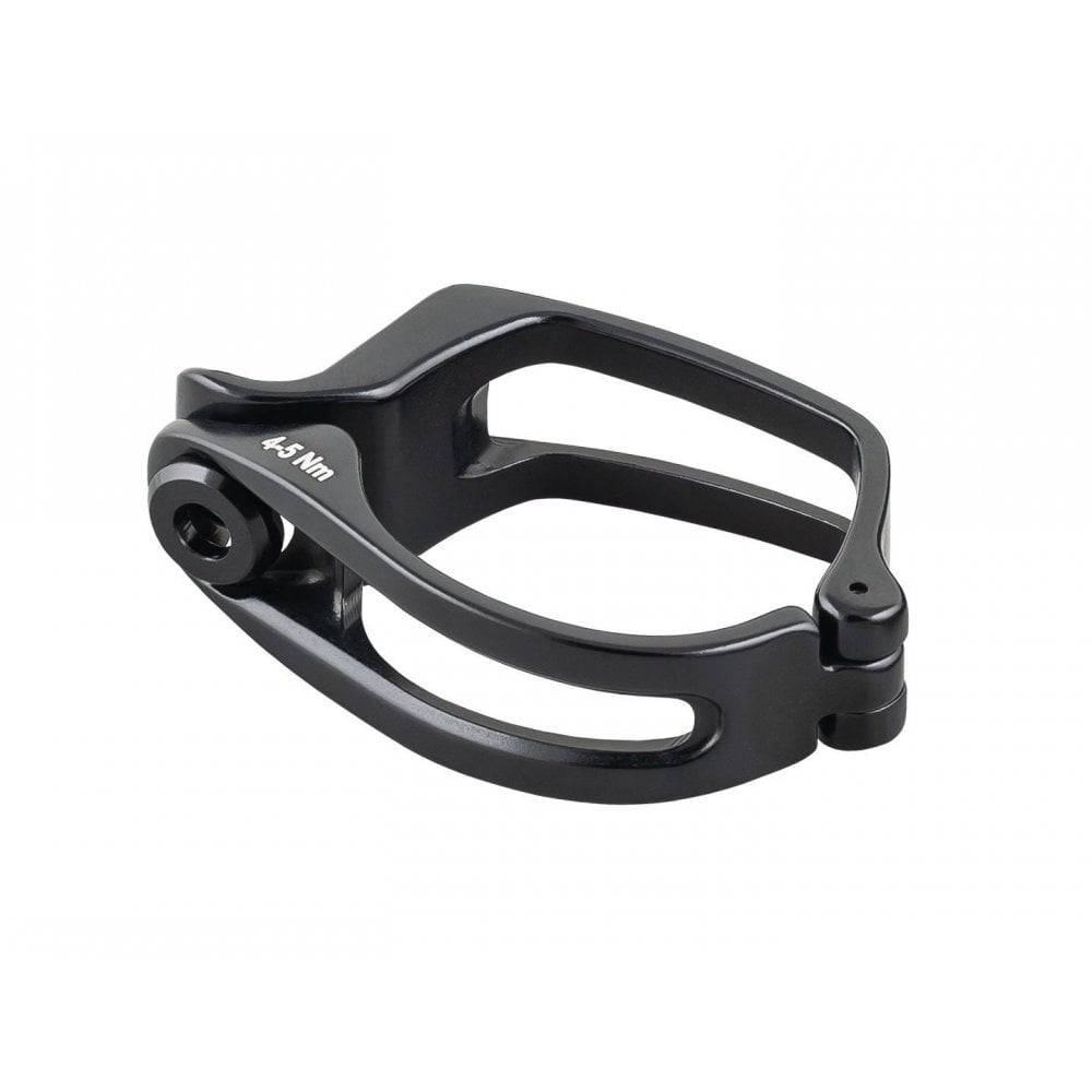 Trek Domane+ LT front derailleur clamp in black, durable bike gear component for Trek road bikes, shown on a plain background.