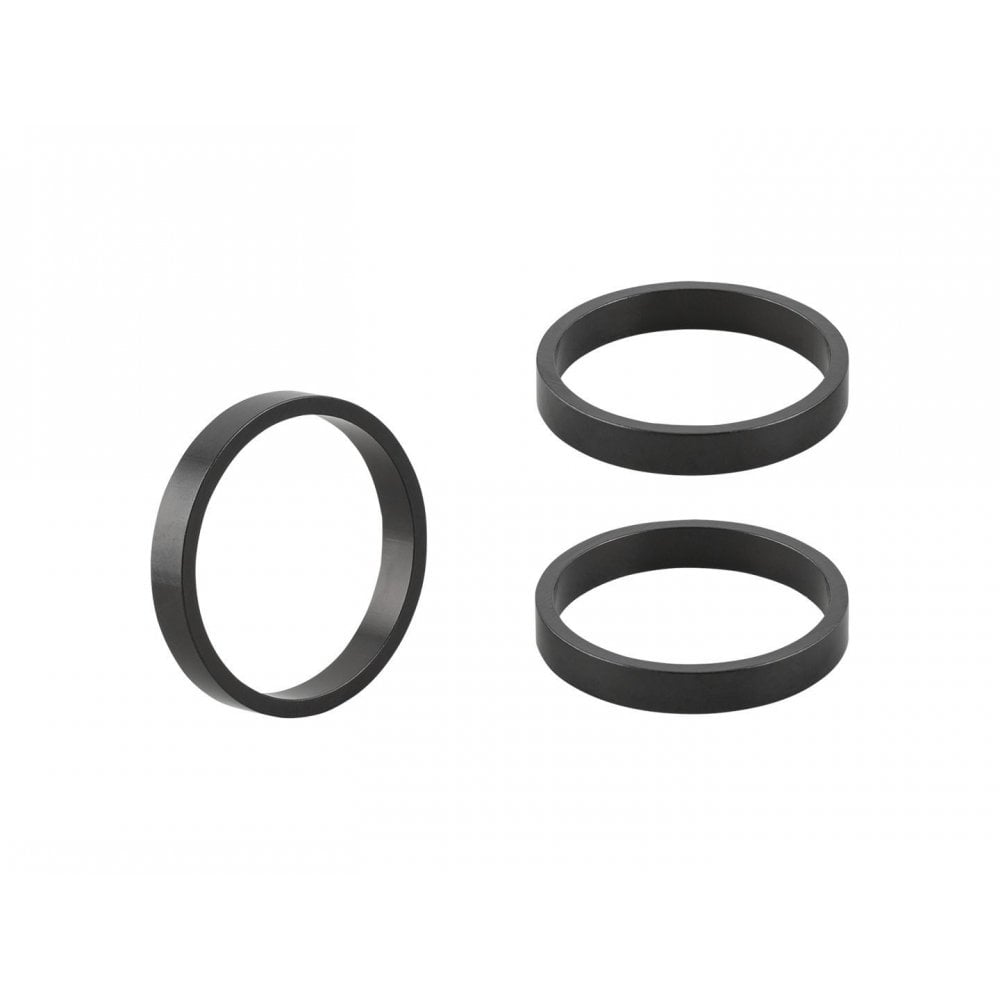 Bontrager 5mm alloy headset spacer pack with three black spacers for 1-1/8" bikes, 28.6mm diameter, cycling components