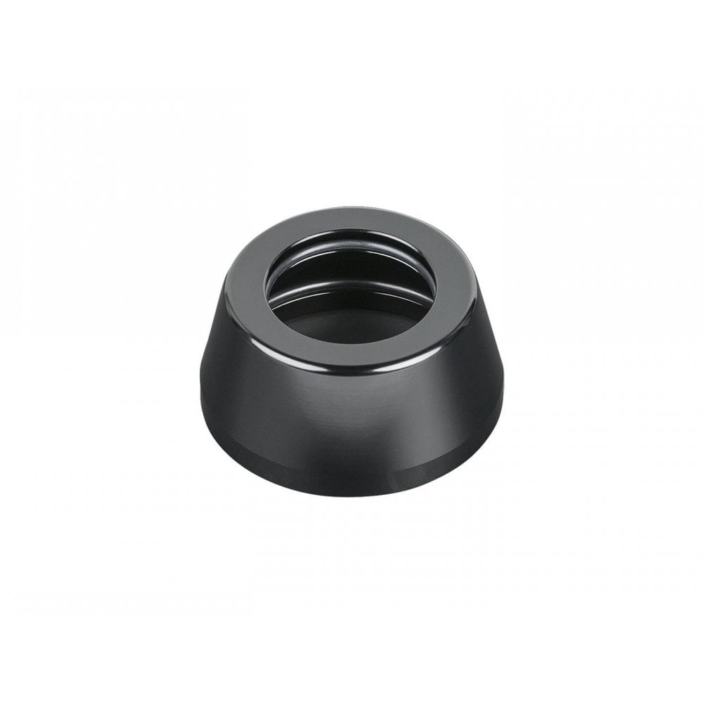 Black Bontrager headset top cover for bikes, measuring 22mm x 25.7mm x 46.4mm, durable cycling component.