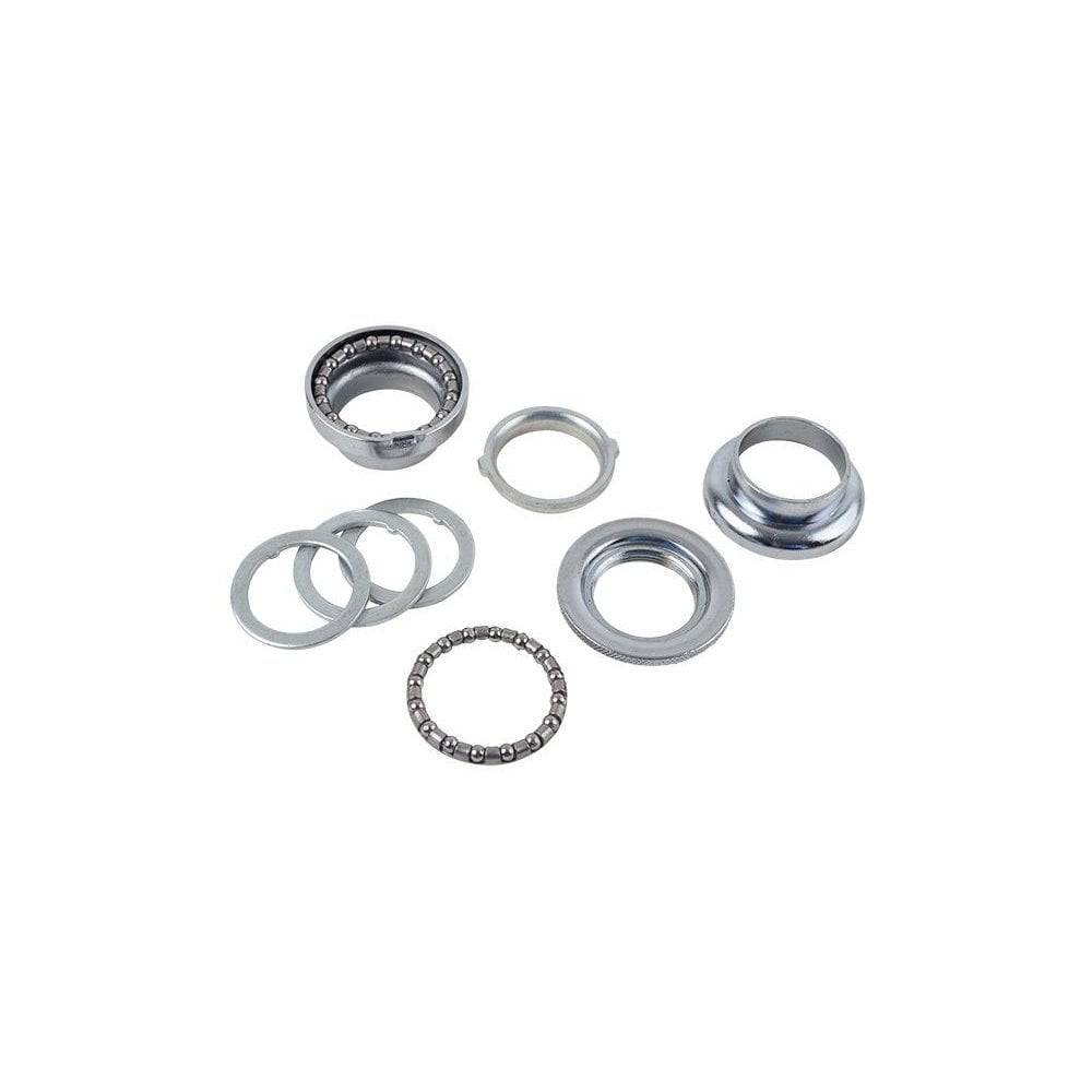 Trek Kickster 1-inch threaded steering limiting headset in silver for 25.4mm bike handlebars, close-up of the component's details.