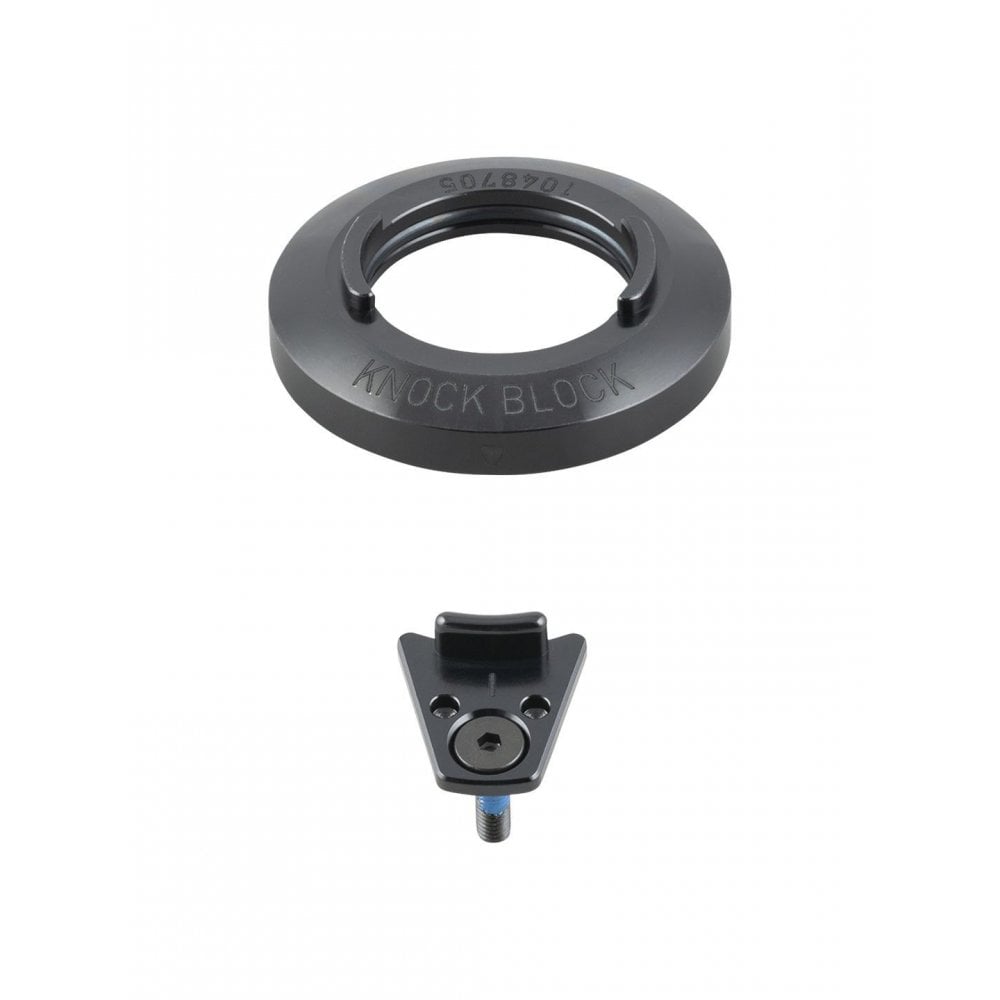 Trek Knock Block 72-degree headset upper assembly with integrated display chip in black, showing components and branding.