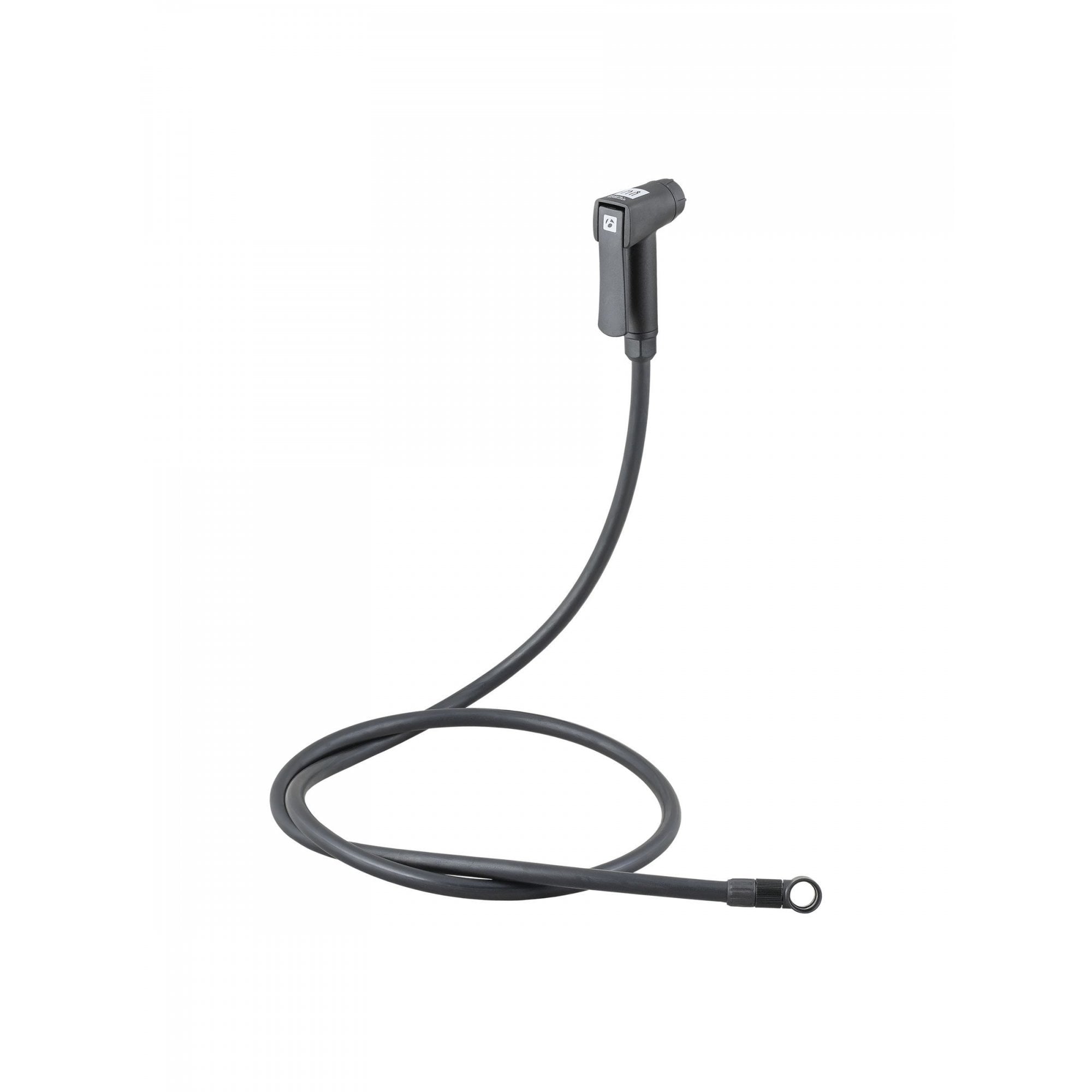 Bontrager TLR Flash Charger 2.0 pump head with hose, bike tire inflator accessory, mounted on a bicycle.