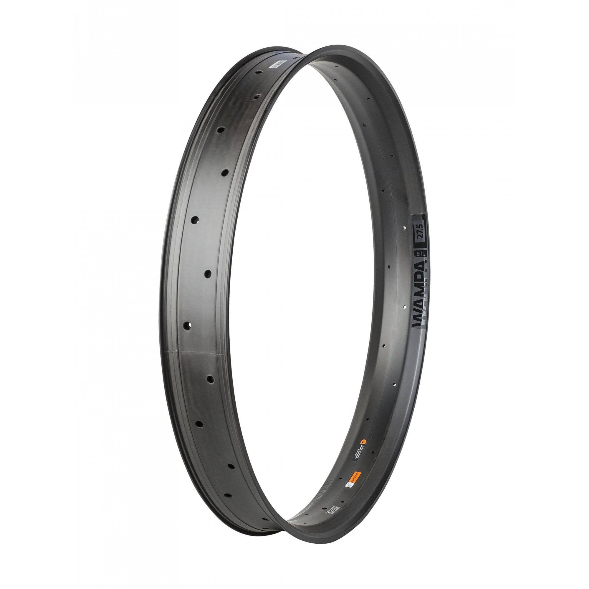 Bontrager Wampa Carbon MTB rim in black, 27.5-inch size with 32 spokes, suitable for front or rear wheel.