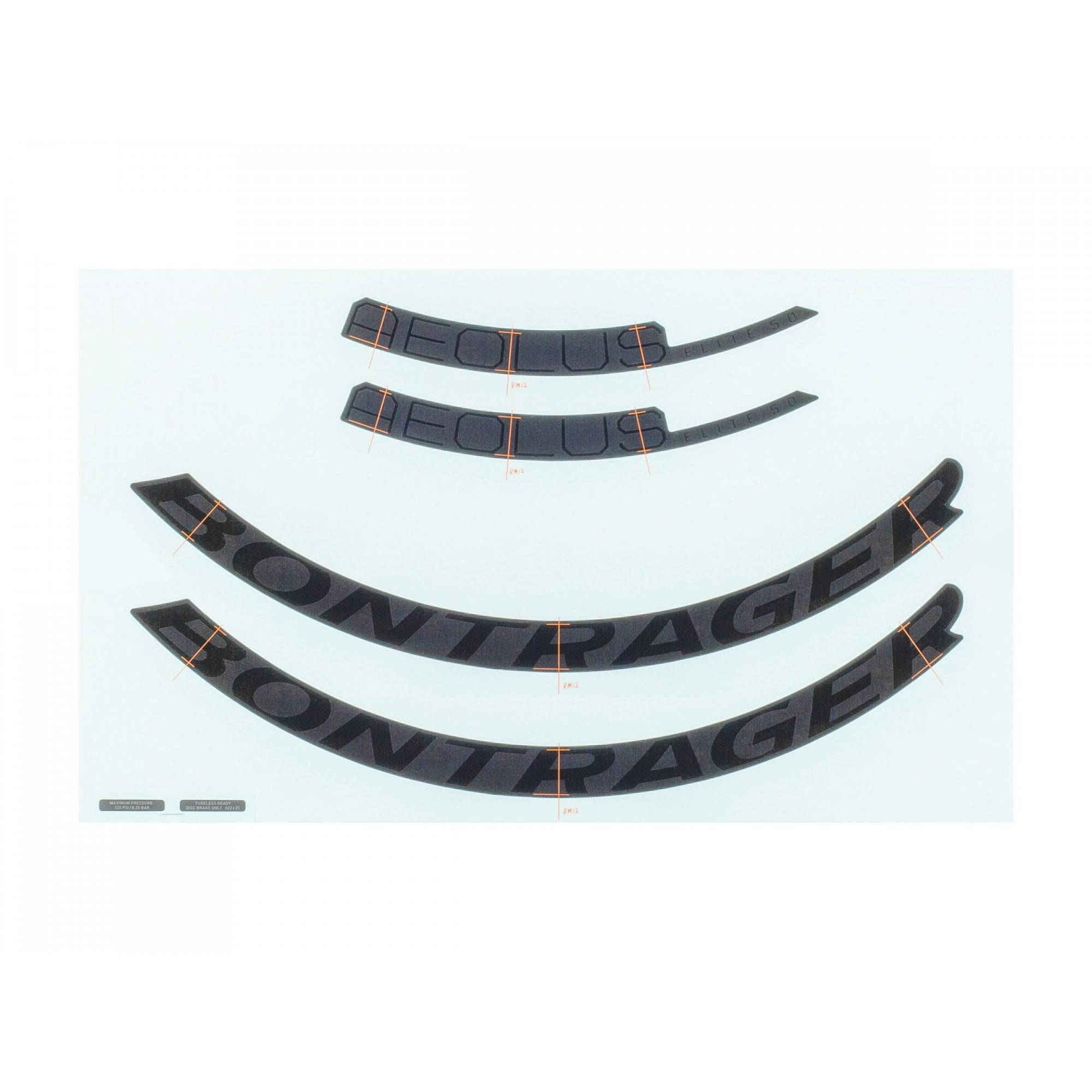 Bontrager Aeolus Elite 50 rim decal set for wheel rim spares and replacements, showcasing sleek black and red graphics.