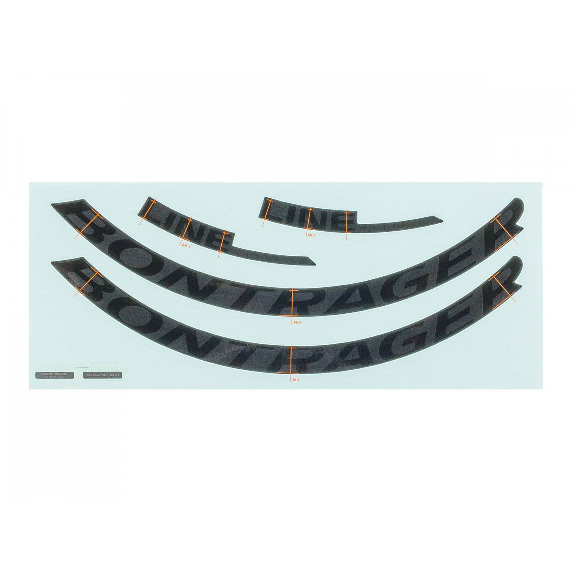 Black Bontrager Line Elite 30 27.5-inch rim decal set showing sleek bike rim stickers on a bicycle wheel.