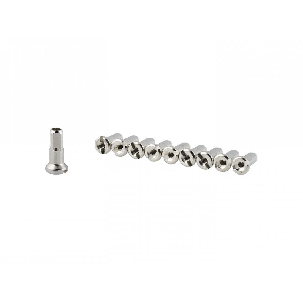 Trek Bontrager 13 gauge silver spoke nipples pack of 10 for bicycle wheel repair, showing metal components on a white background.