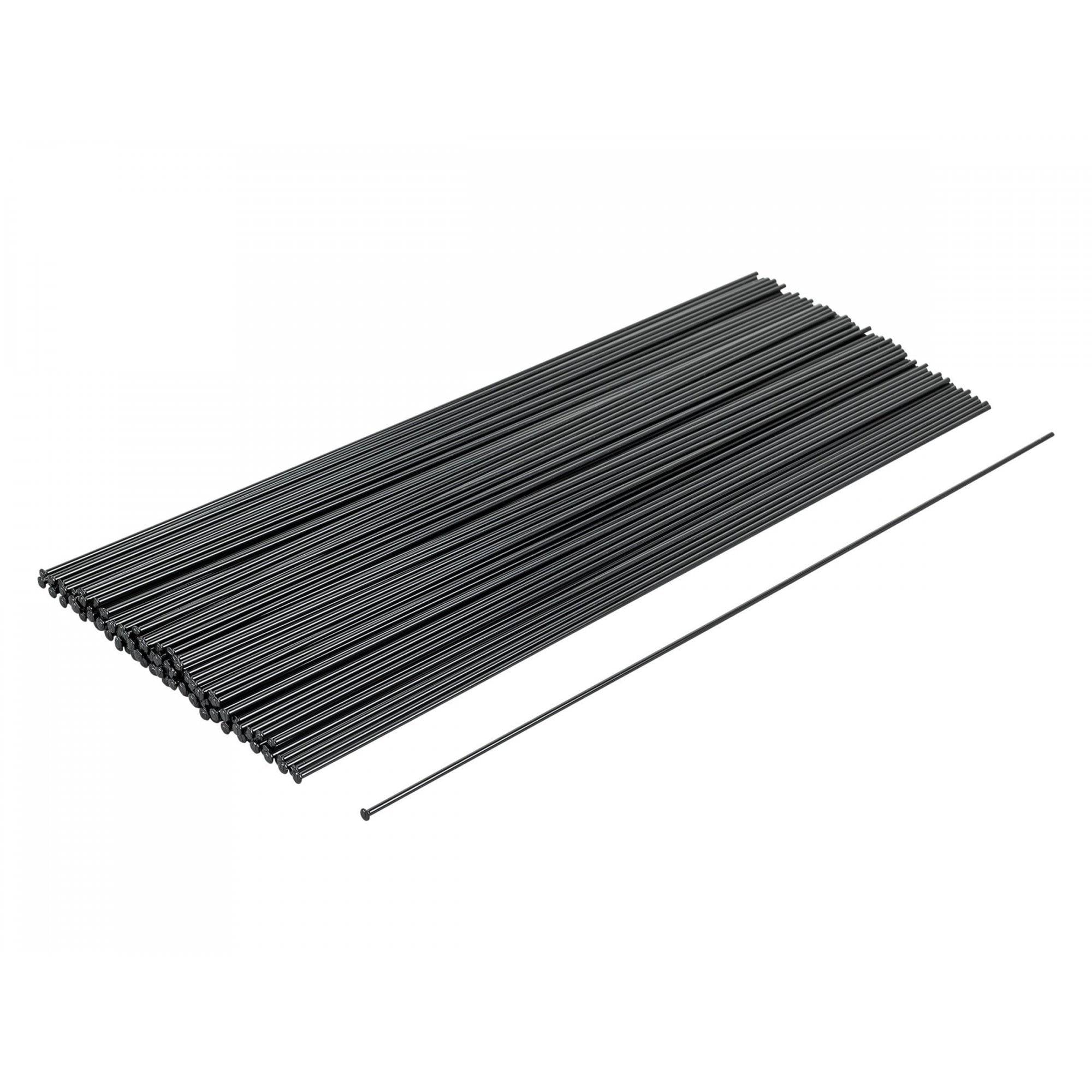 Bontrager 14 gauge black nail-head spokes for bicycle wheels, 310mm length, shown in a box of 100 for wheel repair components.