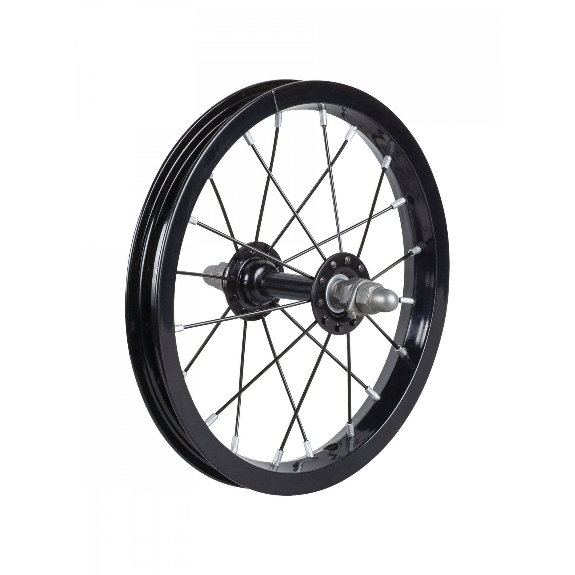 Trek Kickster 12-inch black spoked kids bike wheel, front or rear, without cassette, suitable for children's bicycles.