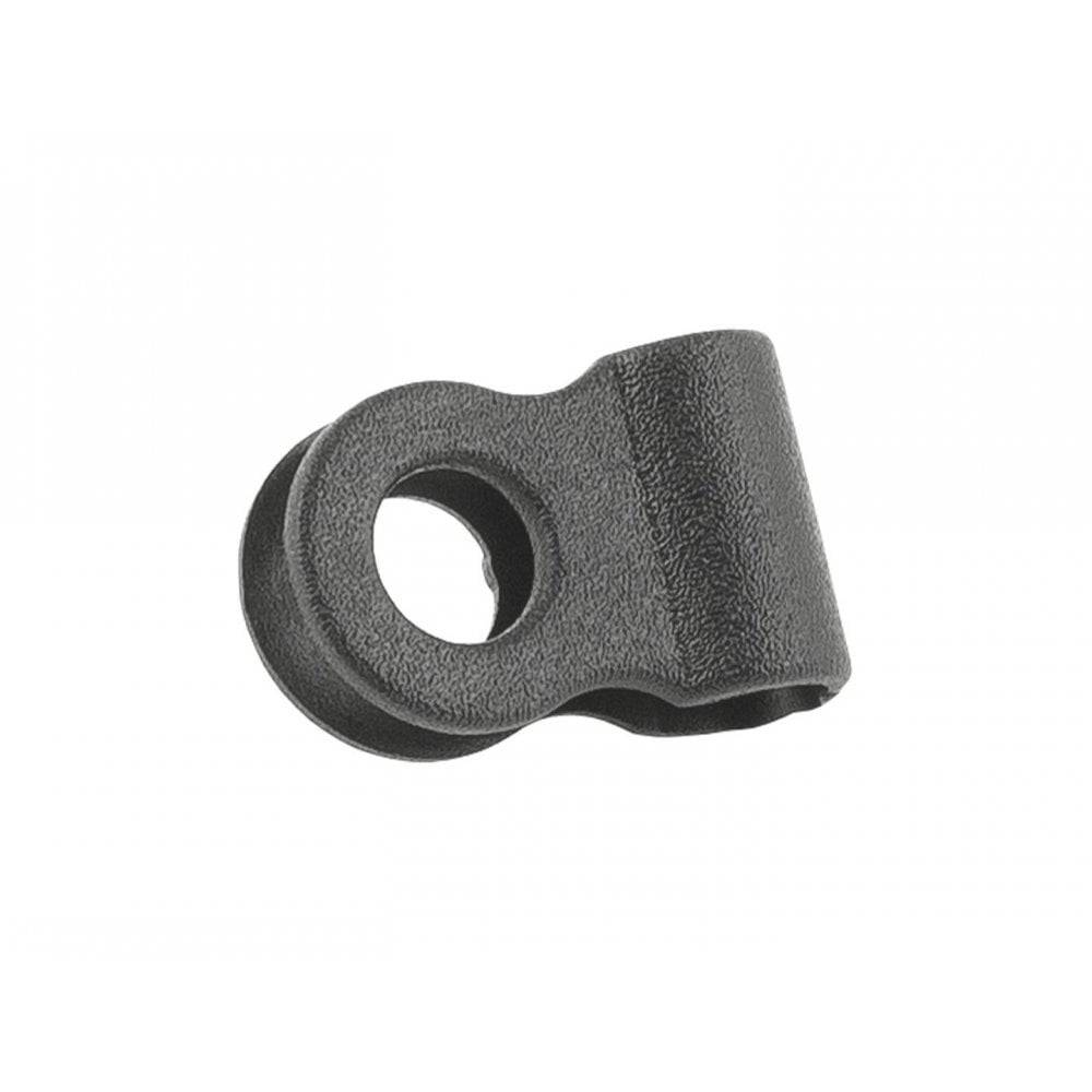 Trek black plastic bolt-on single cable housing guide for bike cable management, shown mounted on a bicycle frame.