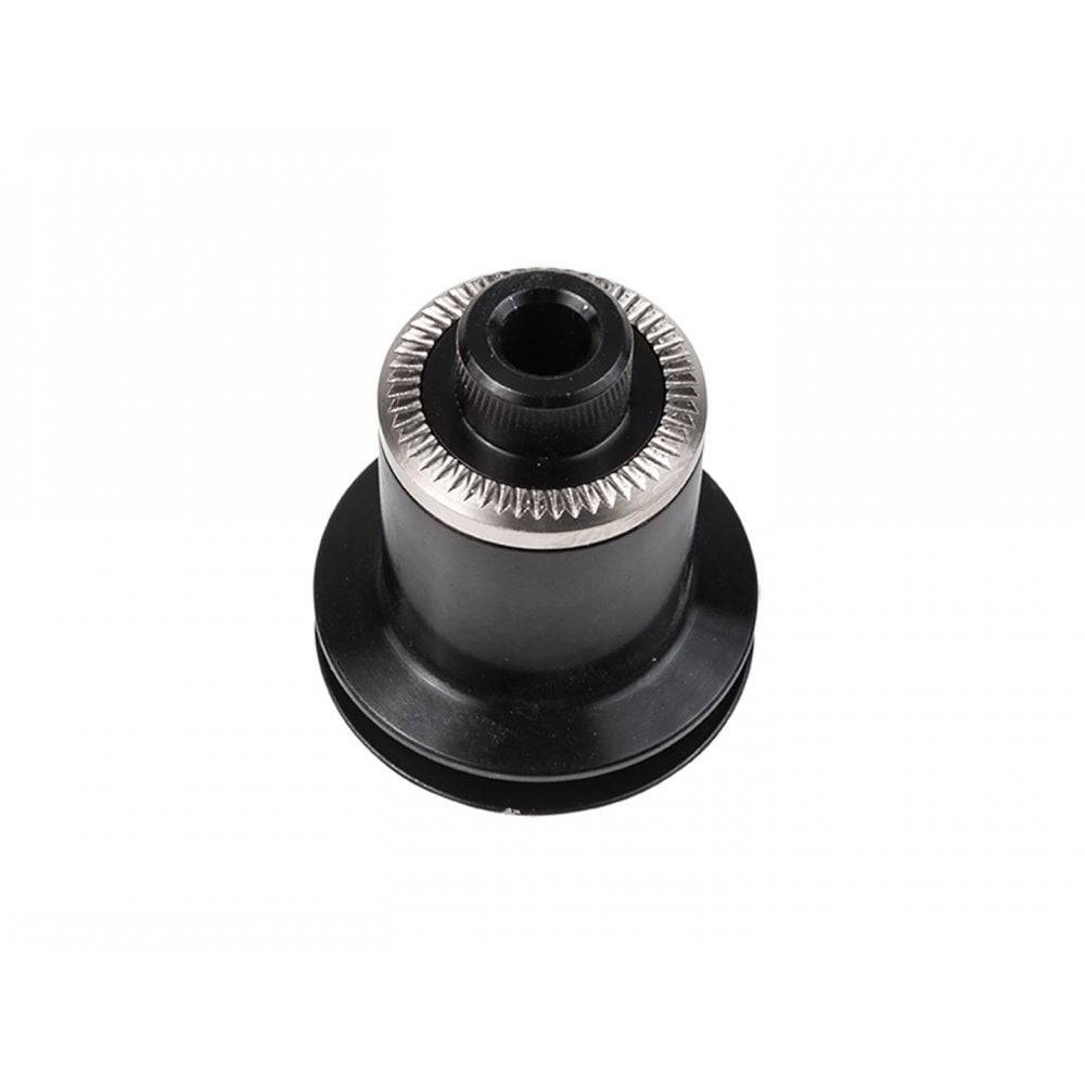 Bontrager DT240 5mm knurled non-drive rear axle end cap in black attached to a 135mm OLD bicycle hub component.