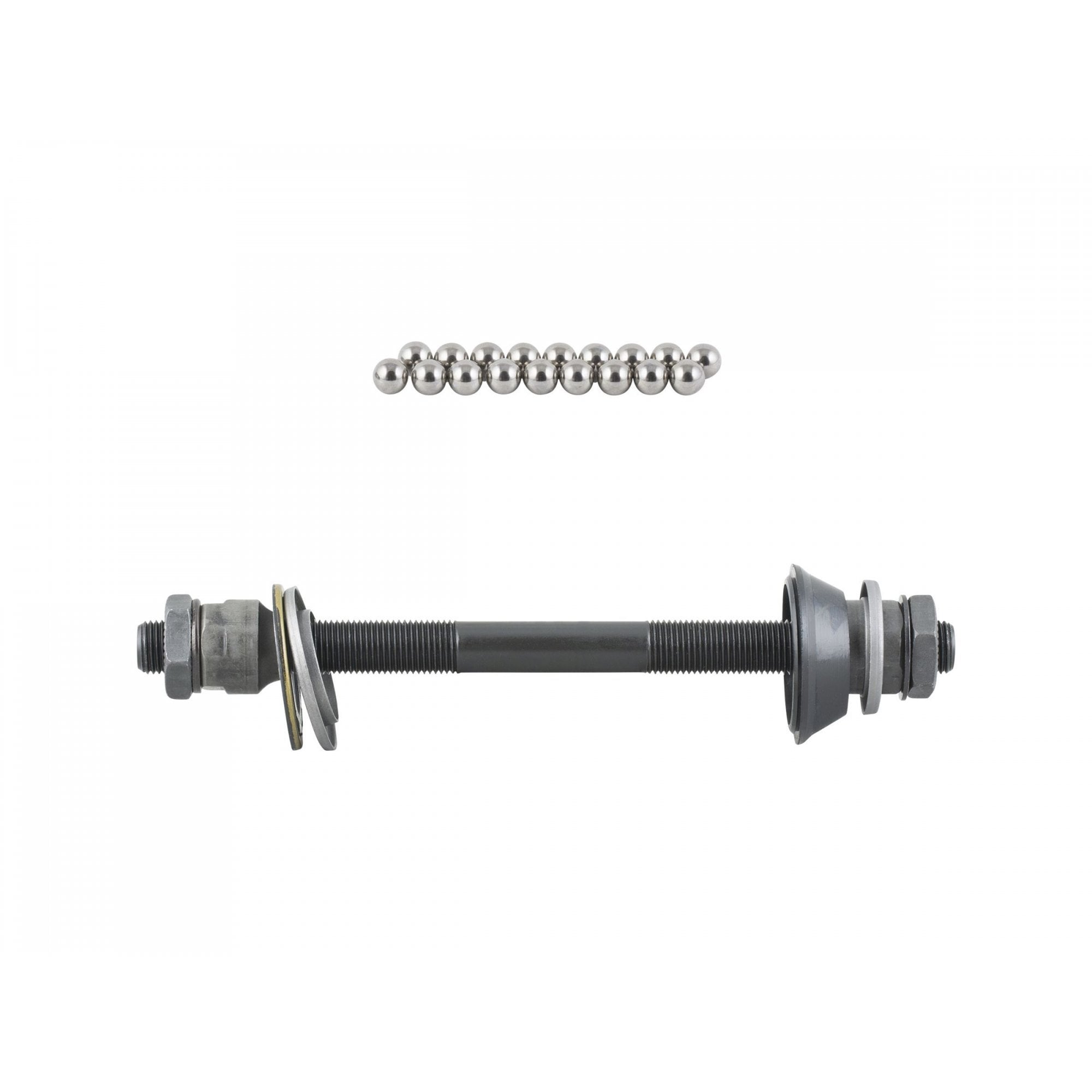 Silver Bontrager 6-Bolt Loose Ball Axle Kit for 135mm OLD Trek rear hub, replacement component with gray finish.