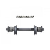 Silver and black Trek Bontrager front 6-bolt hub axle kit with 100mm OLD and loose ball bearings, component for bicycle wheels.