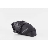 Bontrager Adventure 9L black water-resistant saddle bag attached to a bike, designed for bike storage accessories.