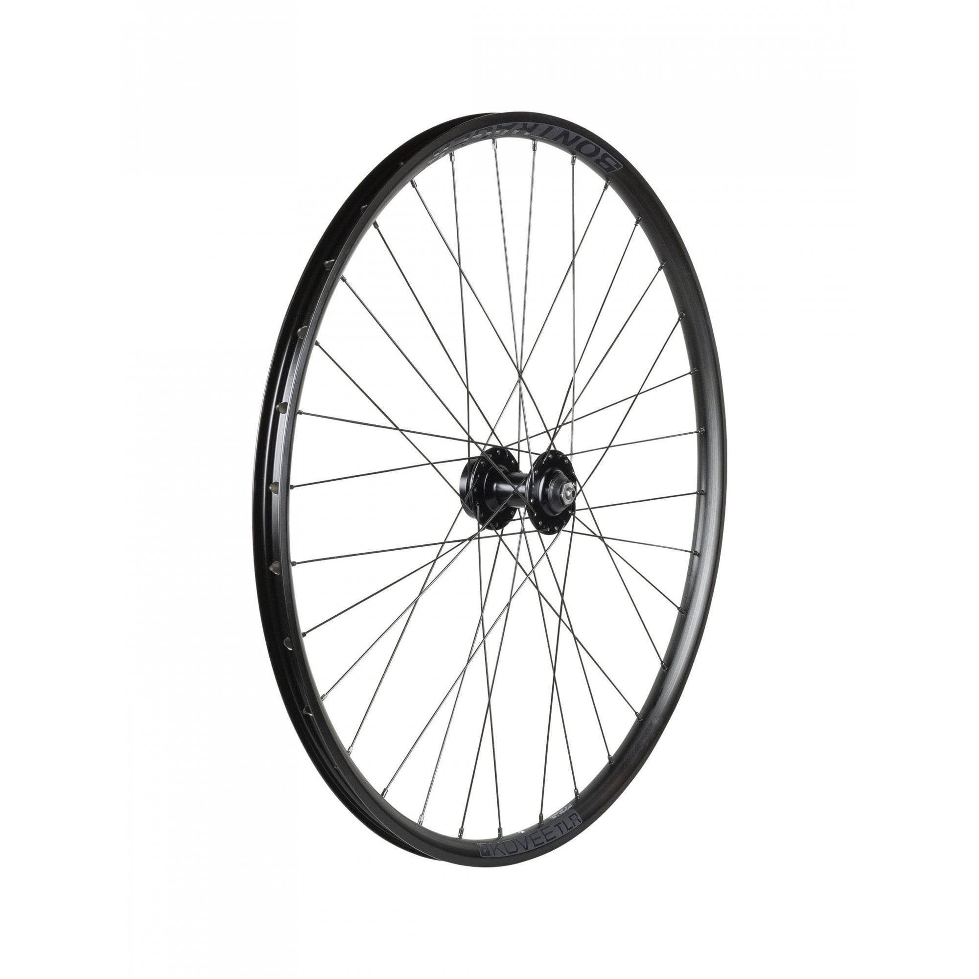 Bontrager Kovee TLR 27.5-inch mountain bike front wheel with 32 holes, 6-bolt disc, black finish, no cassette included