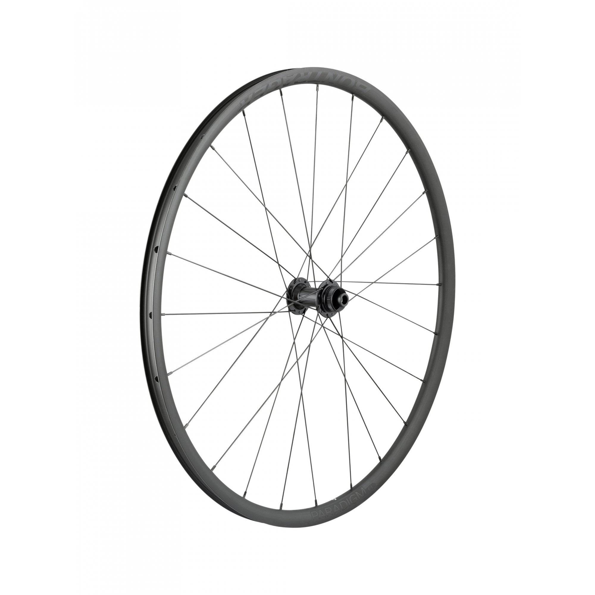 Bontrager Paradigm SL 700c front road wheel with centerlock disc, silver rim, black nipples, 24-hole, lightweight cycling component