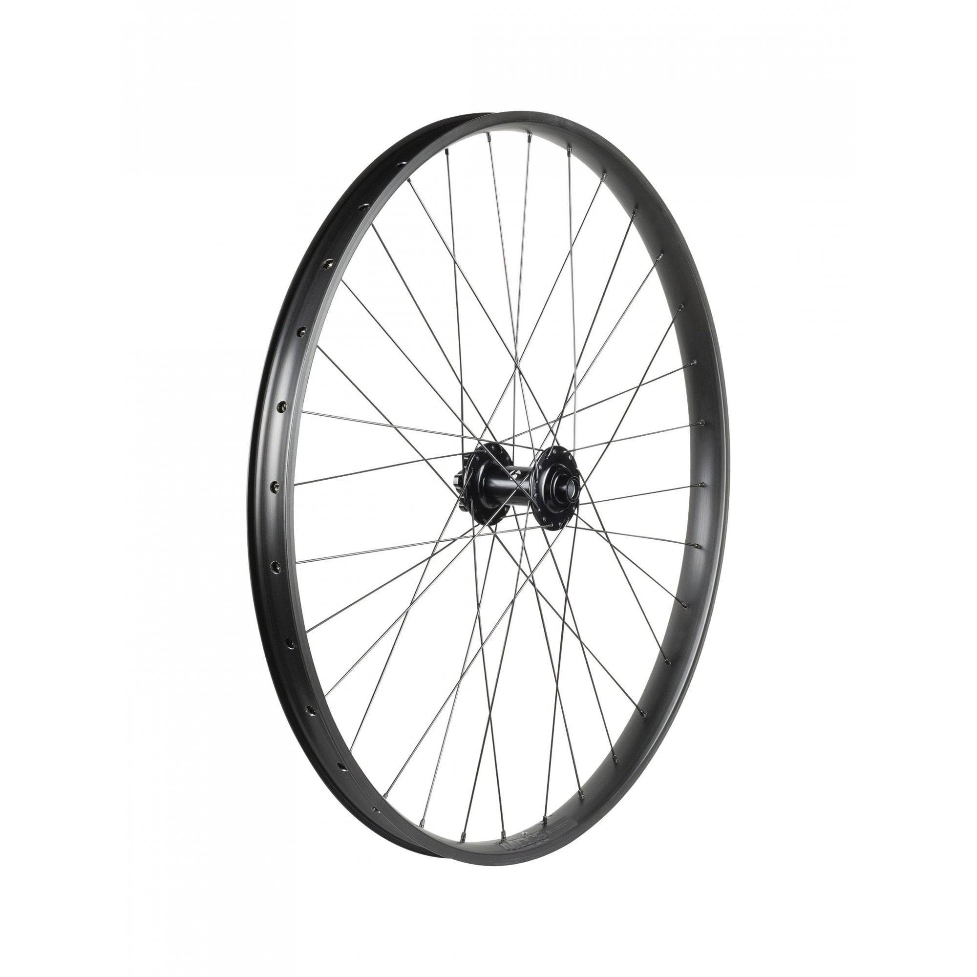 Trek Alex MD35 Boost 27.5-inch MTB front wheel in black and dark grey, lightweight bicycle component for mountain biking.