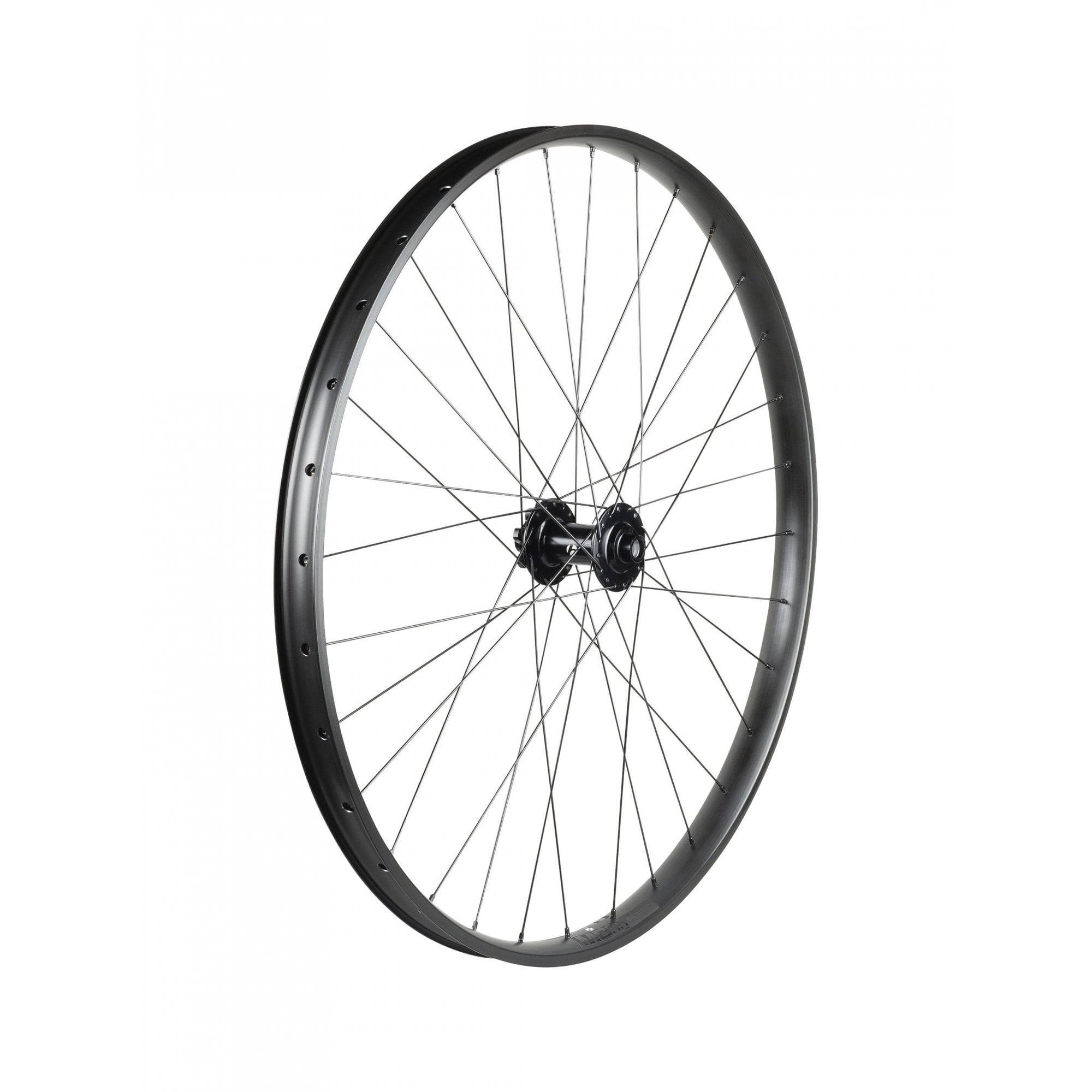 Trek Alex MD35 Boost 29-inch black and dark grey MTB front wheel with disc brake compatibility and no cassette attached.