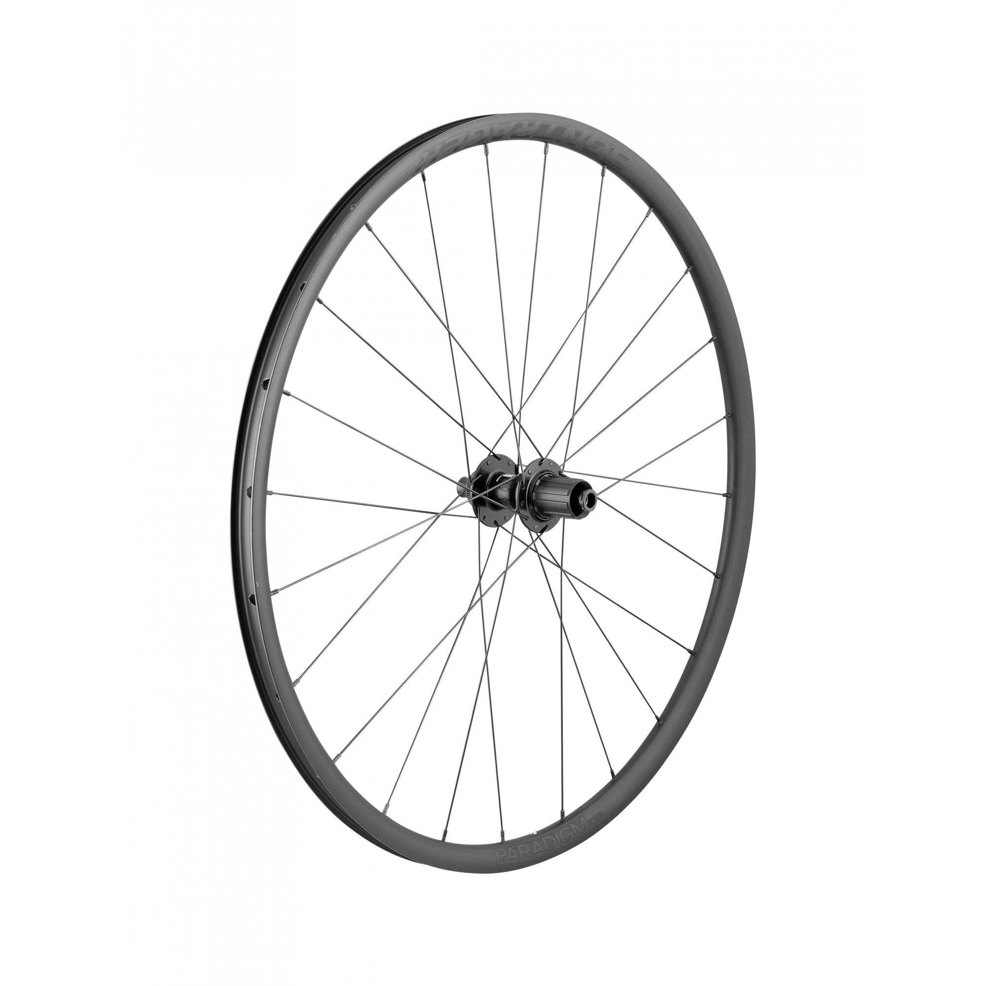 Bontrager Paradigm SL 700c rear road wheel with centerlock disc, 24H silver nipples, Shimano HG 11-Speed compatible component.