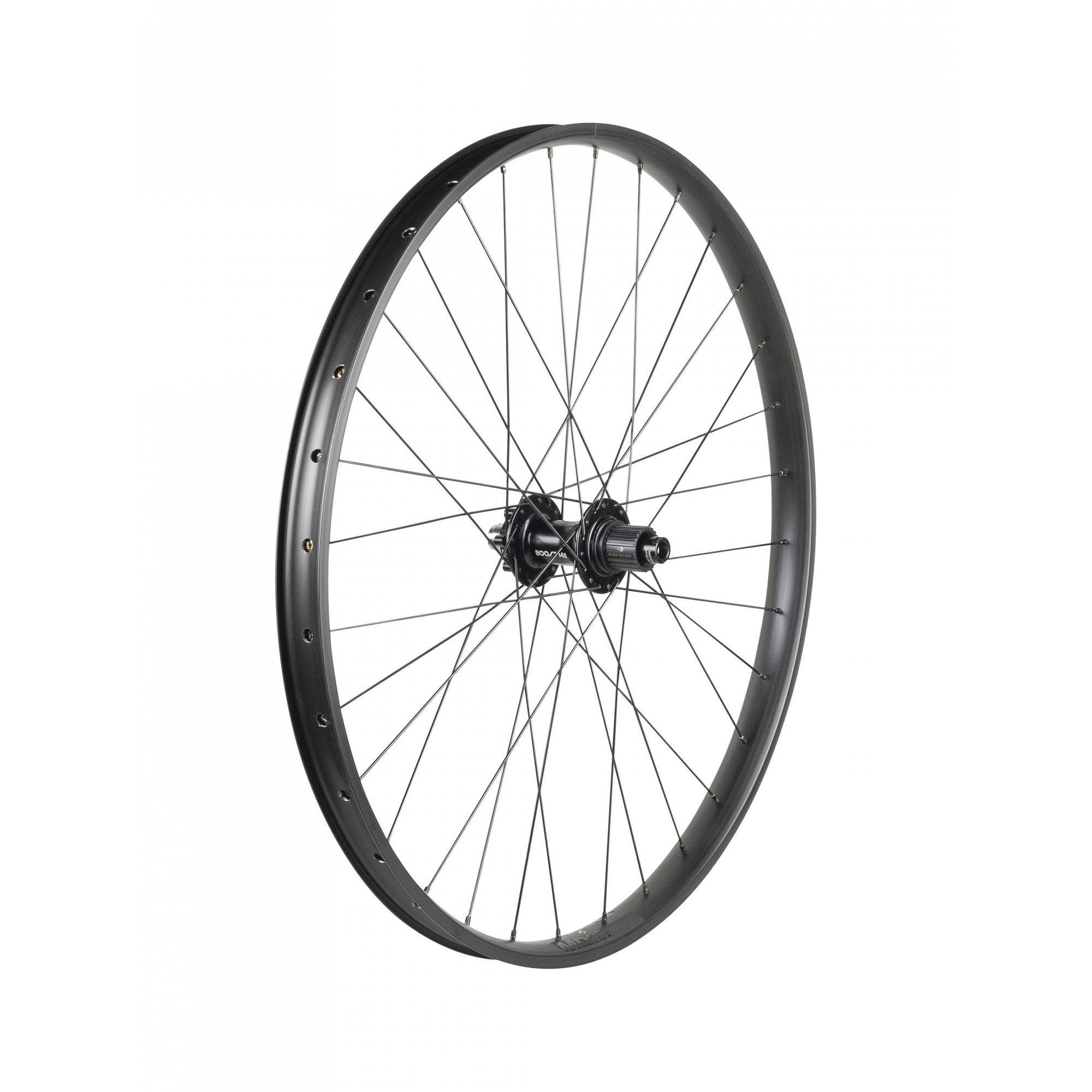 Trek Alex MD35 Boost 27.5-inch MTB rear wheel with Shimano Micro Spline hub in black and dark grey, 12-speed compatible.