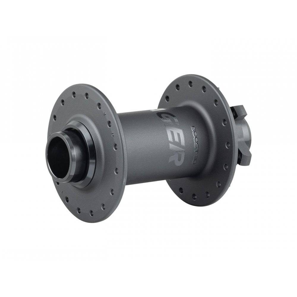 Bontrager Rapid Drive DH front hub with 110x20mm thru-axle, 28 spokes, black, designed for mountain bike components.