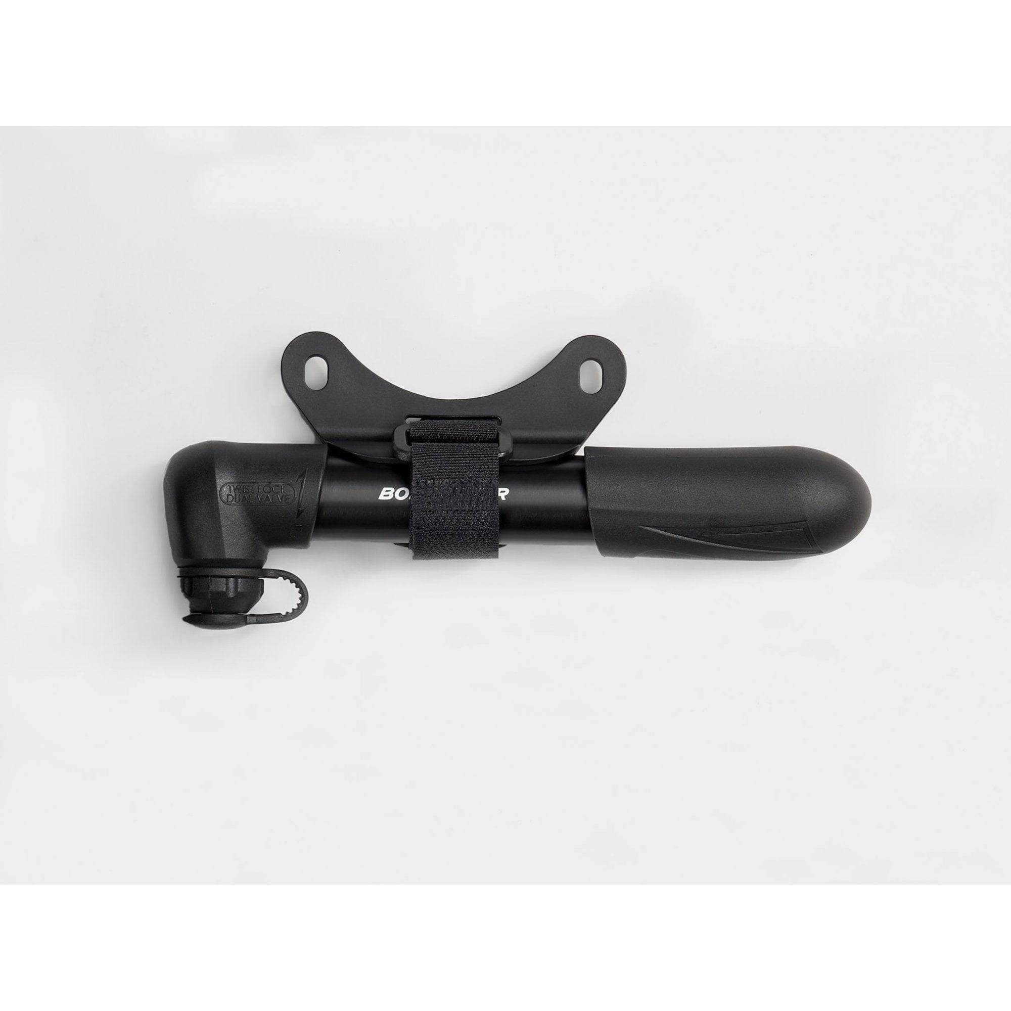 Bontrager Air Support Comp bike pump with mount, featuring Presta and Schrader valve compatibility for cycling accessories.