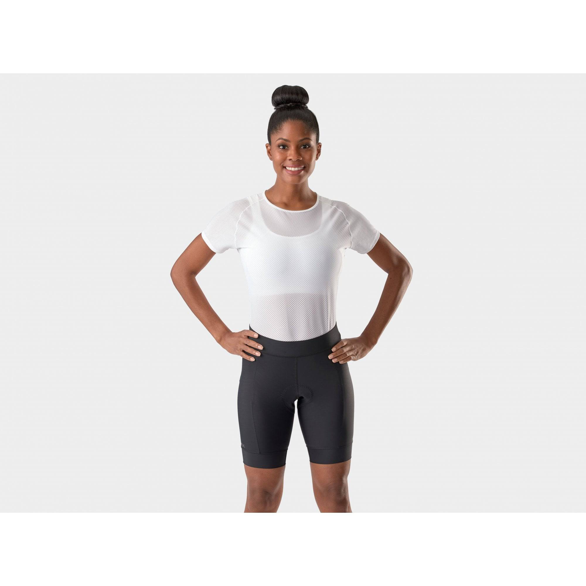 Trek Solstice youth cycling shorts in black and gray, made of comfortable, durable, eco-friendly fabric for young cyclists.