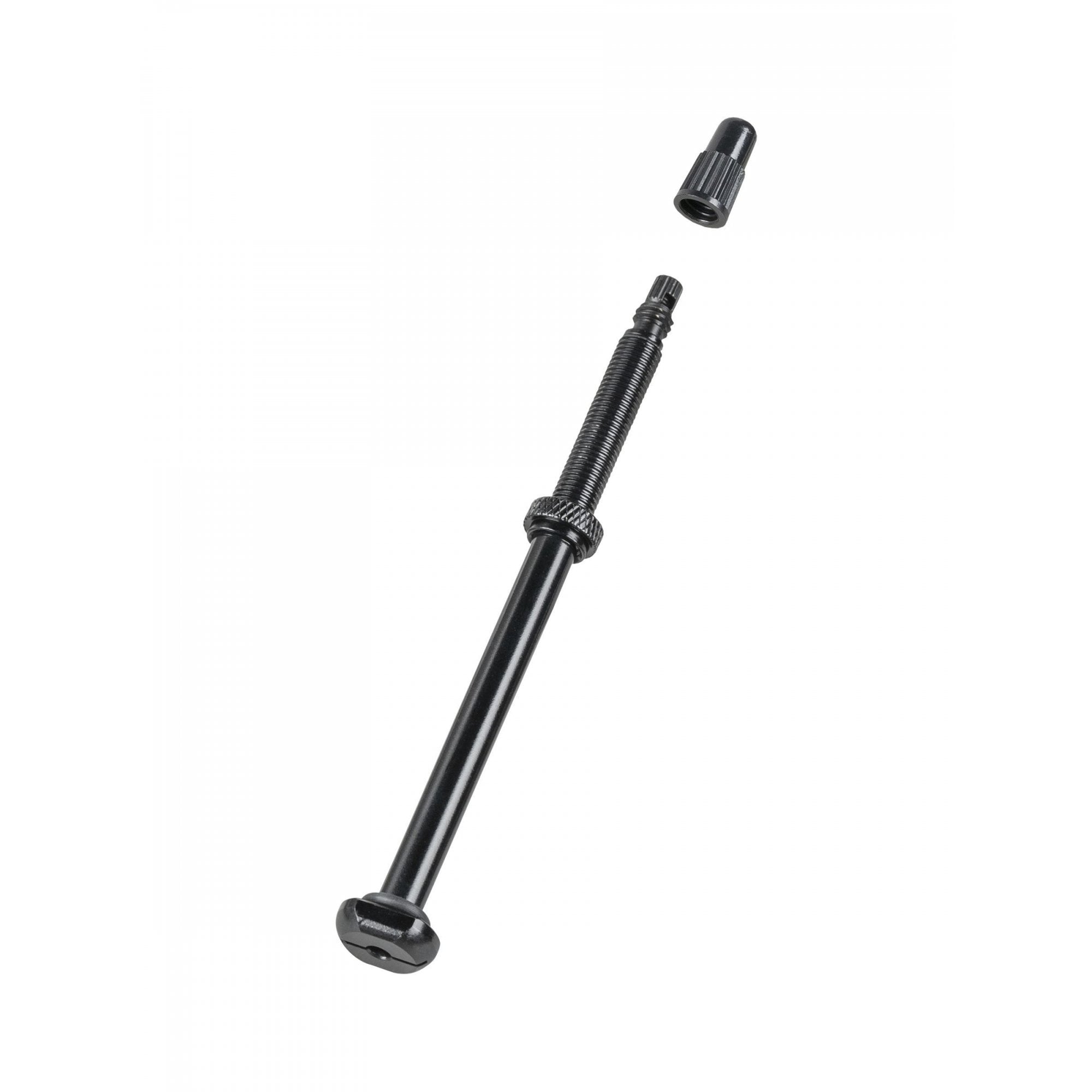 Black Bontrager Round Base TLR Valve Stem for tubeless ready wheels, close-up view of the component on a bicycle wheel.