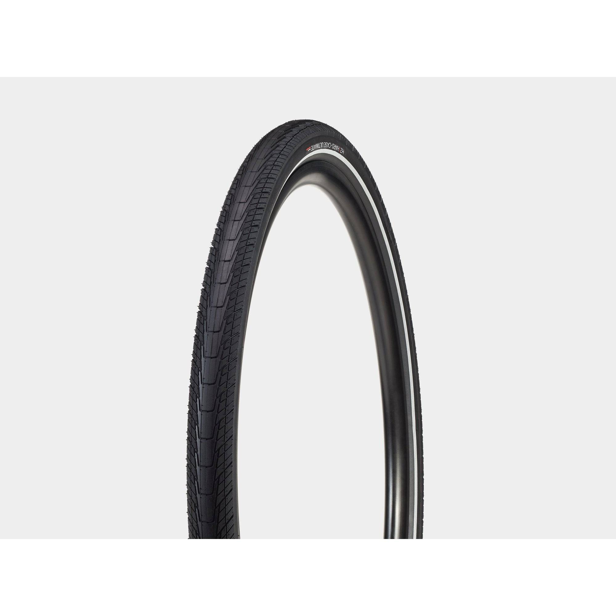 Bontrager H2 Hard-Case Ultimate bicycle tyre with puncture protection and reflective sidewalls, mounted on a bike wheel.