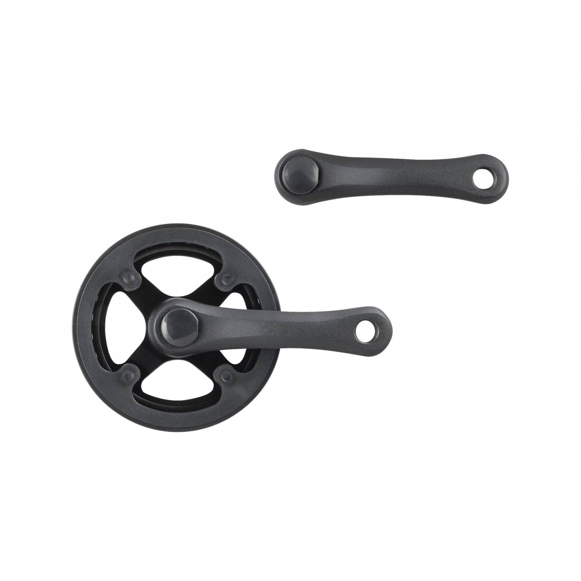 Trek Wheel Top 20-inch MTB crankset in black with 28-tooth gear, 114mm spindle, and guard for mountain biking components.