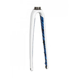 Trek Emonda SL 6 women's 700c disc road bike fork with 255mm rigid white and blue components, featuring 45mm offset.