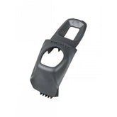 Trek Domane MKIV IsoSpeed grommet on black and dark grey top tube, bicycle component for shock absorption and ride comfort.