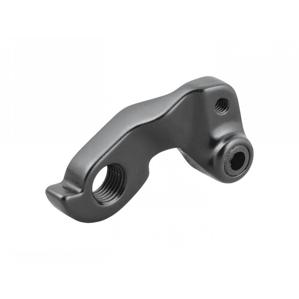 Trek rear derailleur hanger and thru axle in black for bike components, shown from the rear drive side.