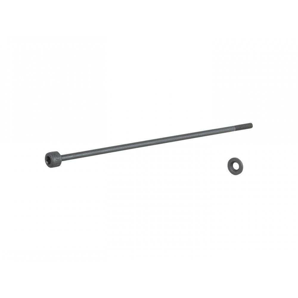 Trek black rear thru-skew 175mm axle for secure bike wheel attachment, showing the sturdy metal component for bicycle components.