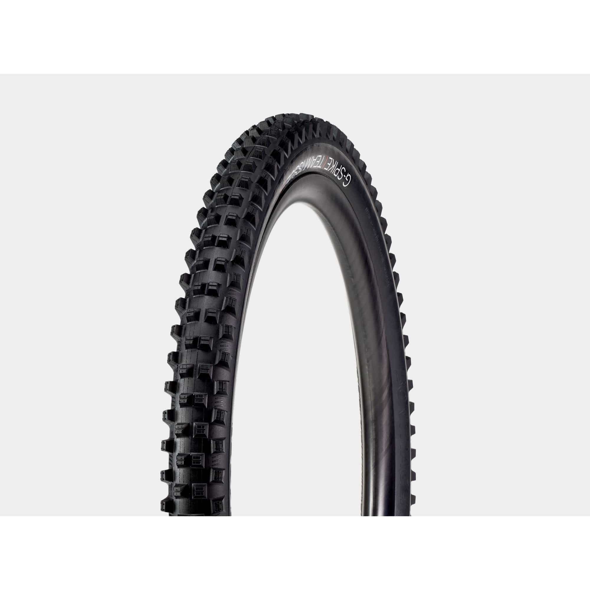 Bontrager G-Spike Team Issue MTB downhill trail tire in black, 27.5-inch by 2.4-inch mountain bike component with aggressive tread