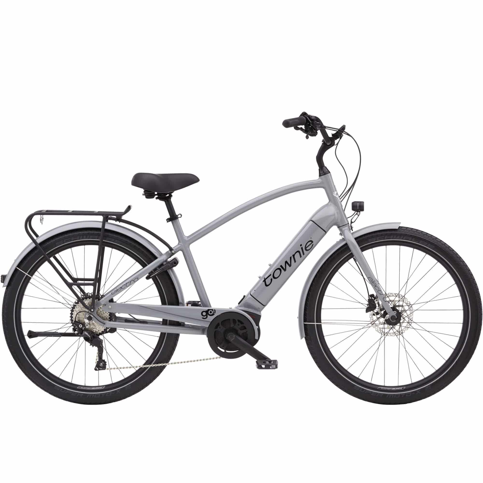 Electra Townie Path Go! 10D EQ hybrid e-bike with Bosch motor, step-over frame, and 27.5-inch tires, ready for urban riding.