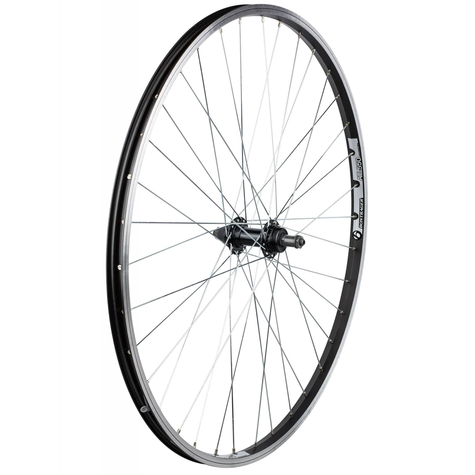 Bontrager AT-550/FM-21 700C road bike wheel with durable rim and 36 spokes, suitable for replacement or upgrade.