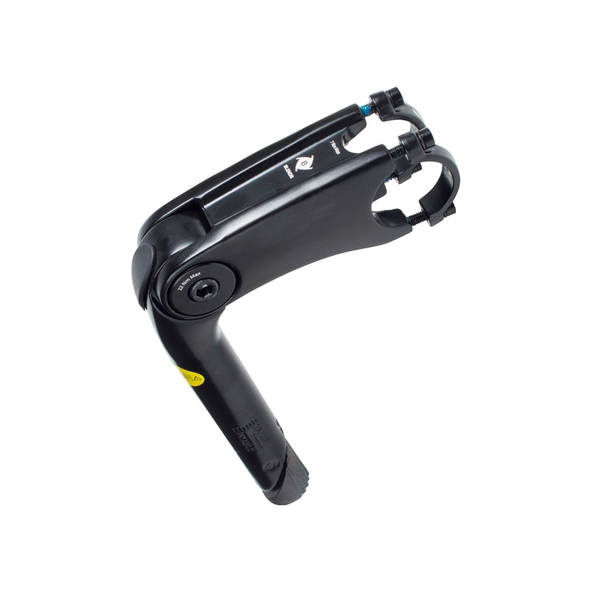 Bontrager Blendr adjustable quill stem for threaded forks with 64° angle, shown attached to a bicycle handlebar.