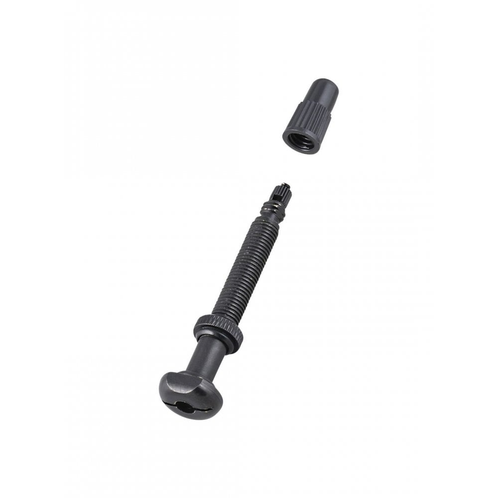 Bontrager round base TLR tubeless valve stem with removable core for bicycle wheel tubeless systems.