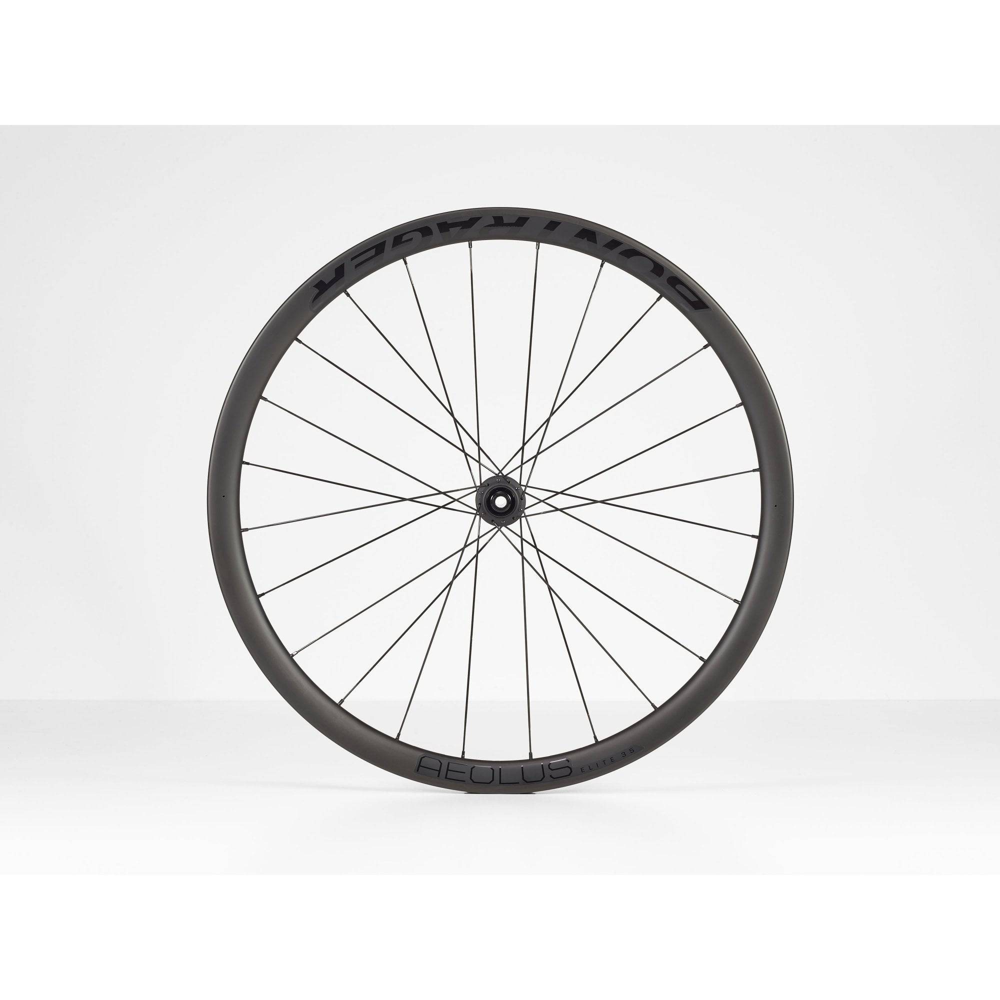 Bontrager Aeolus Elite 35 TLR disc road wheels with tubeless-ready carbon aero rims, lightweight cycling components.