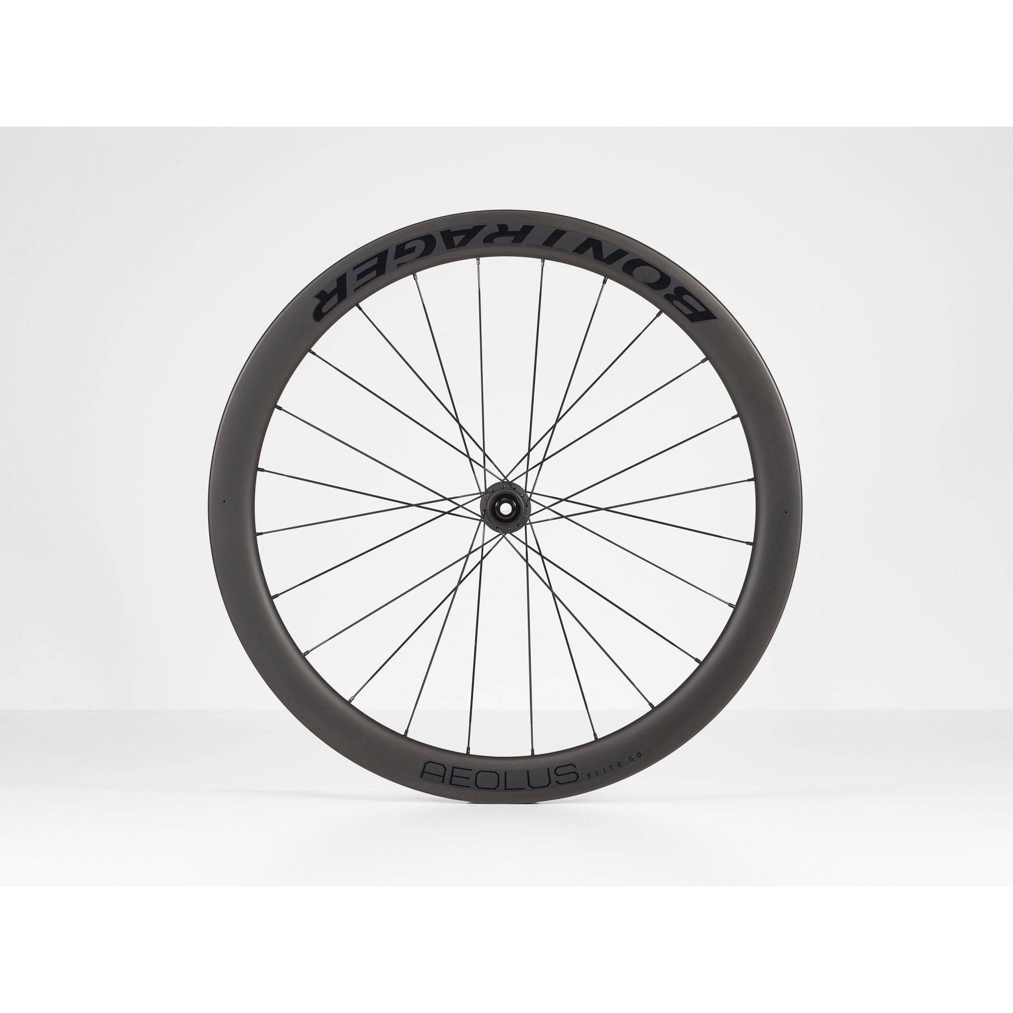 Bontrager Aeolus Elite 50 TLR disc road wheels with tubeless-ready carbon aero rims and deep aerodynamic profile.