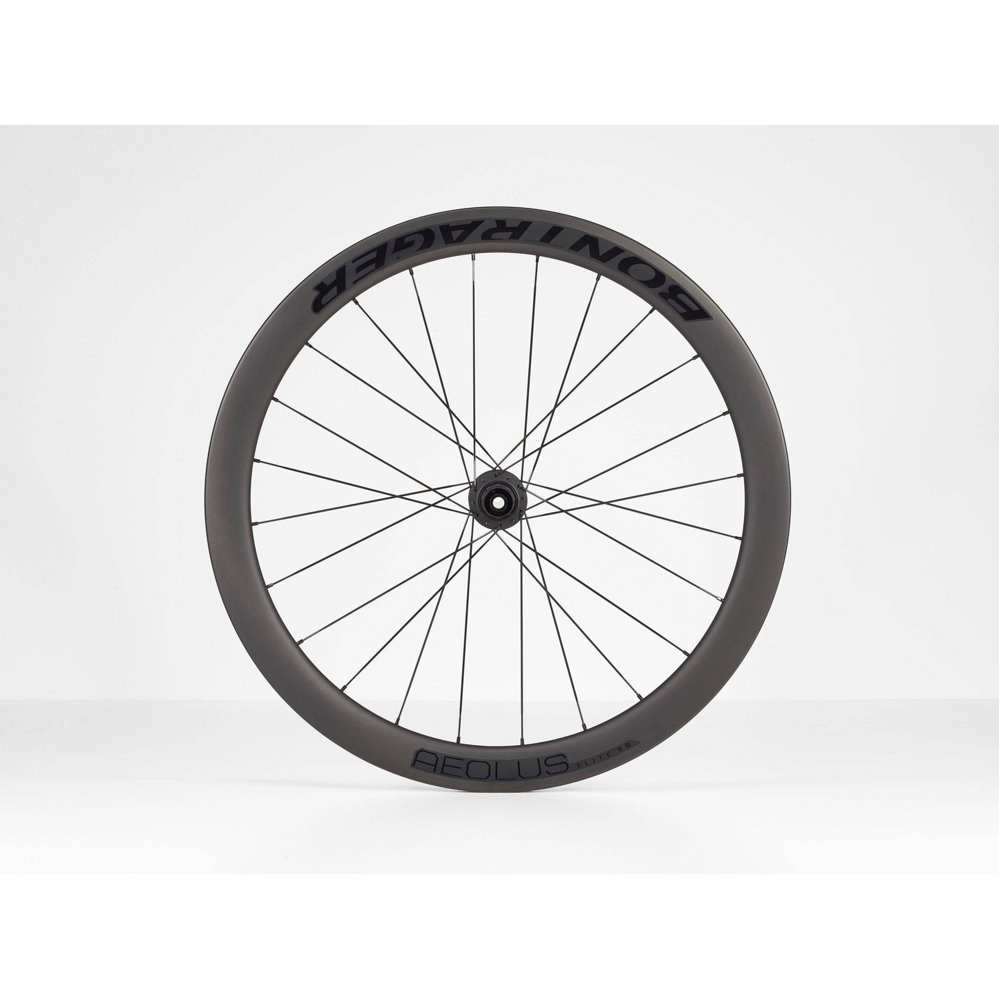 Bontrager Aeolus Elite 50 TLR disc road wheelset with tubeless-ready carbon aero rims and aerodynamic design.