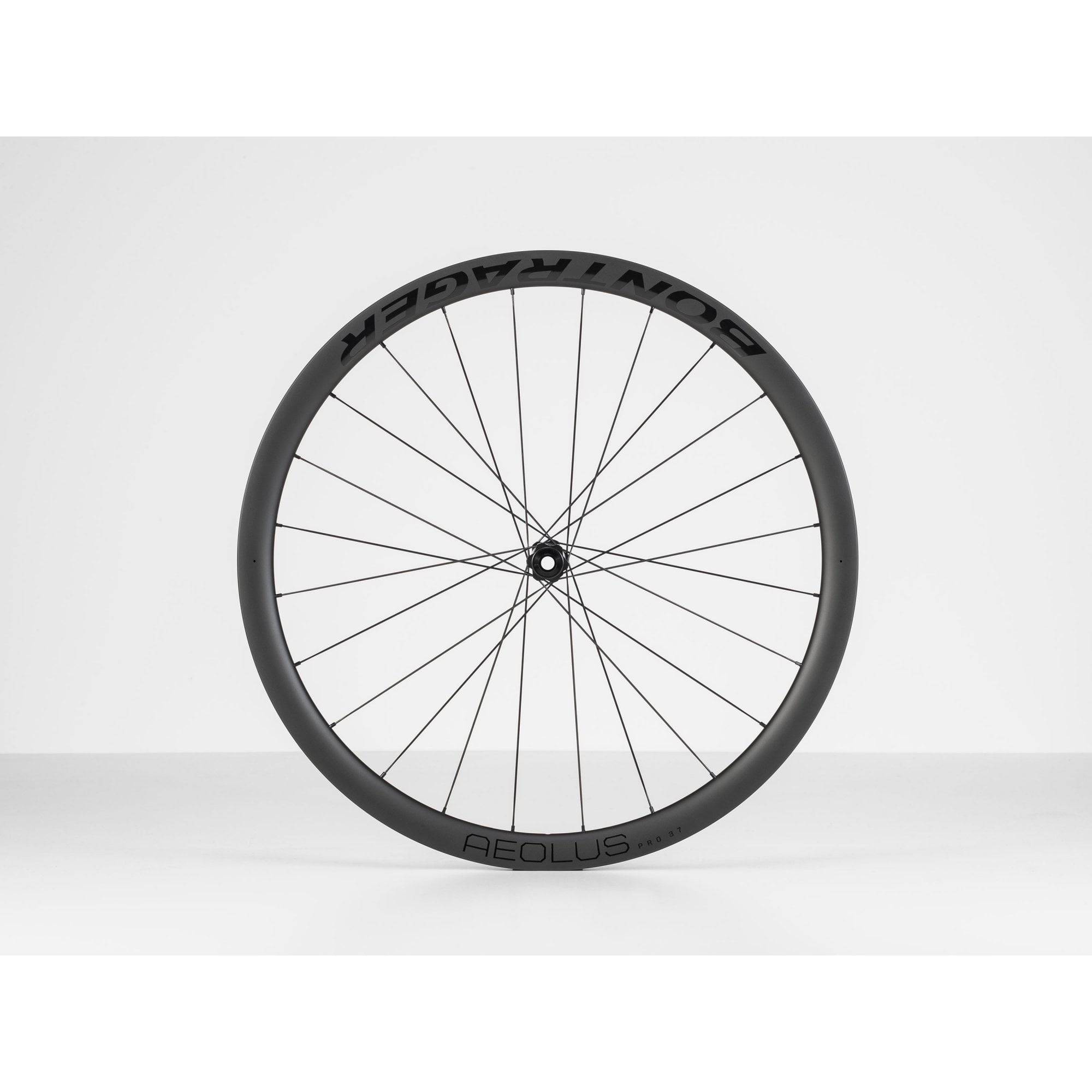 Bontrager Aeolus Pro 37 TLR disc road wheel with DT Swiss 350 hubs, tubeless-ready, aerodynamic carbon rim for road cycling.