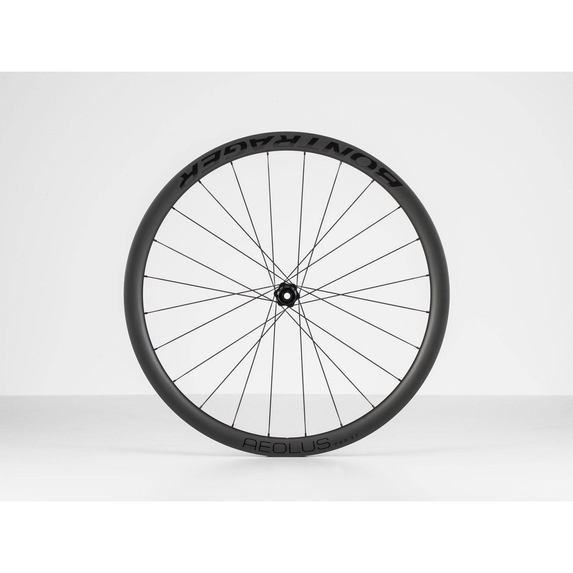Bontrager Aeolus Pro 37 TLR disc road wheel with tubeless ready tires and DT Swiss 350 hubs, lightweight cycling component.