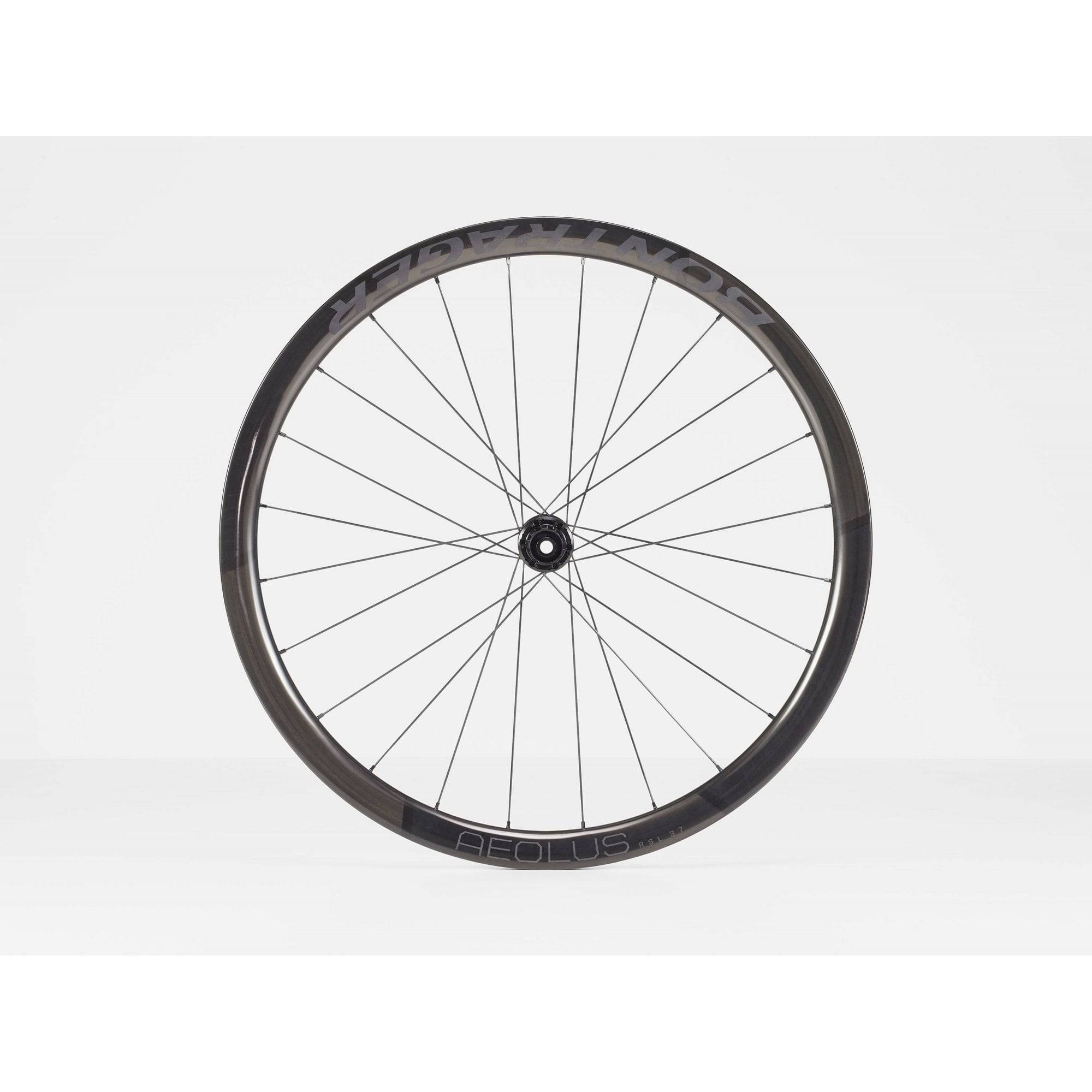 Bontrager Aeolus RSL 37 tubular disc road wheels with DT Swiss 240s hubs, featuring aerodynamic carbon rims and sleek black finish.