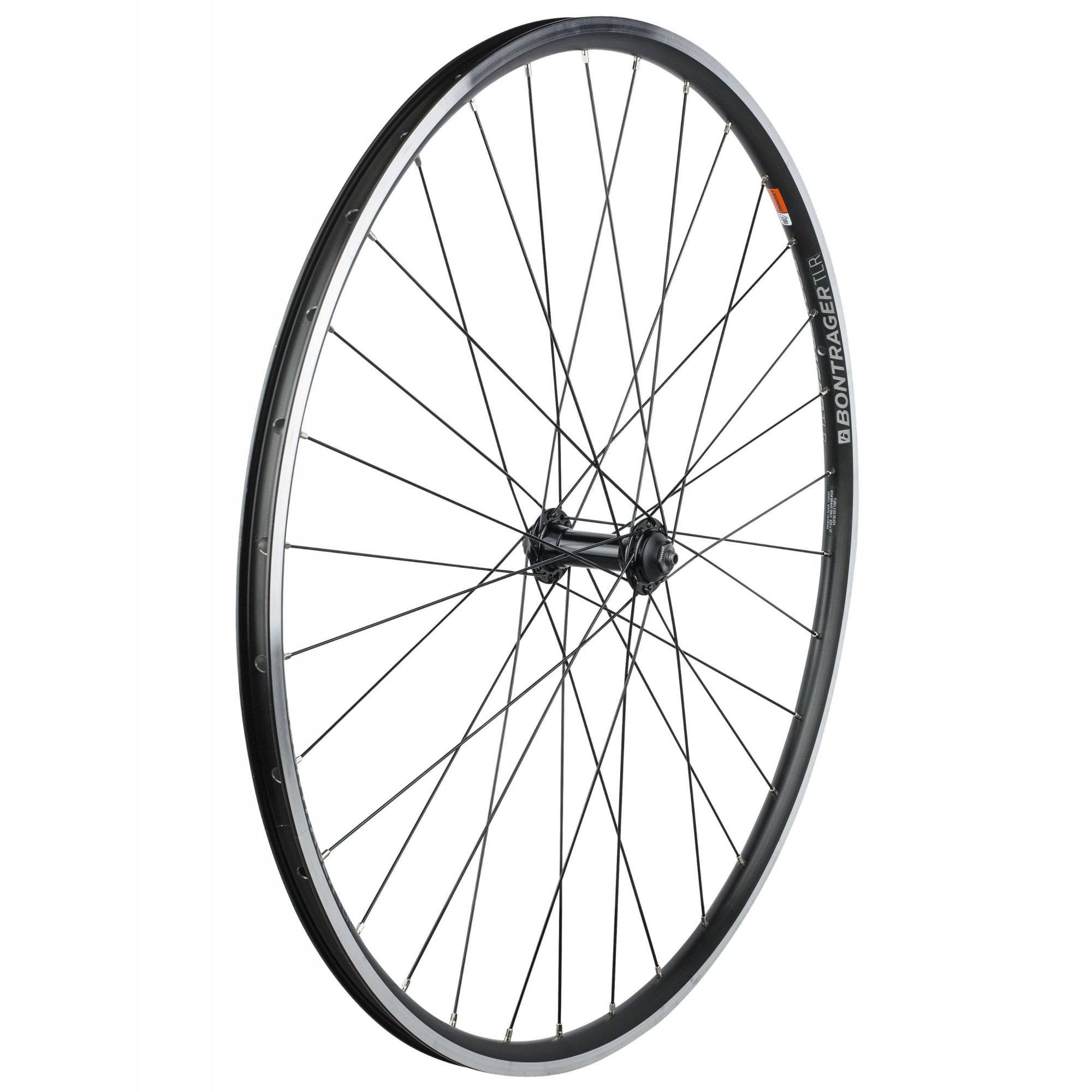 Bontrager Approved TLR 32H Clincher 700C road wheels, tubeless-ready, with black rims and spokes for high-performance cycling.