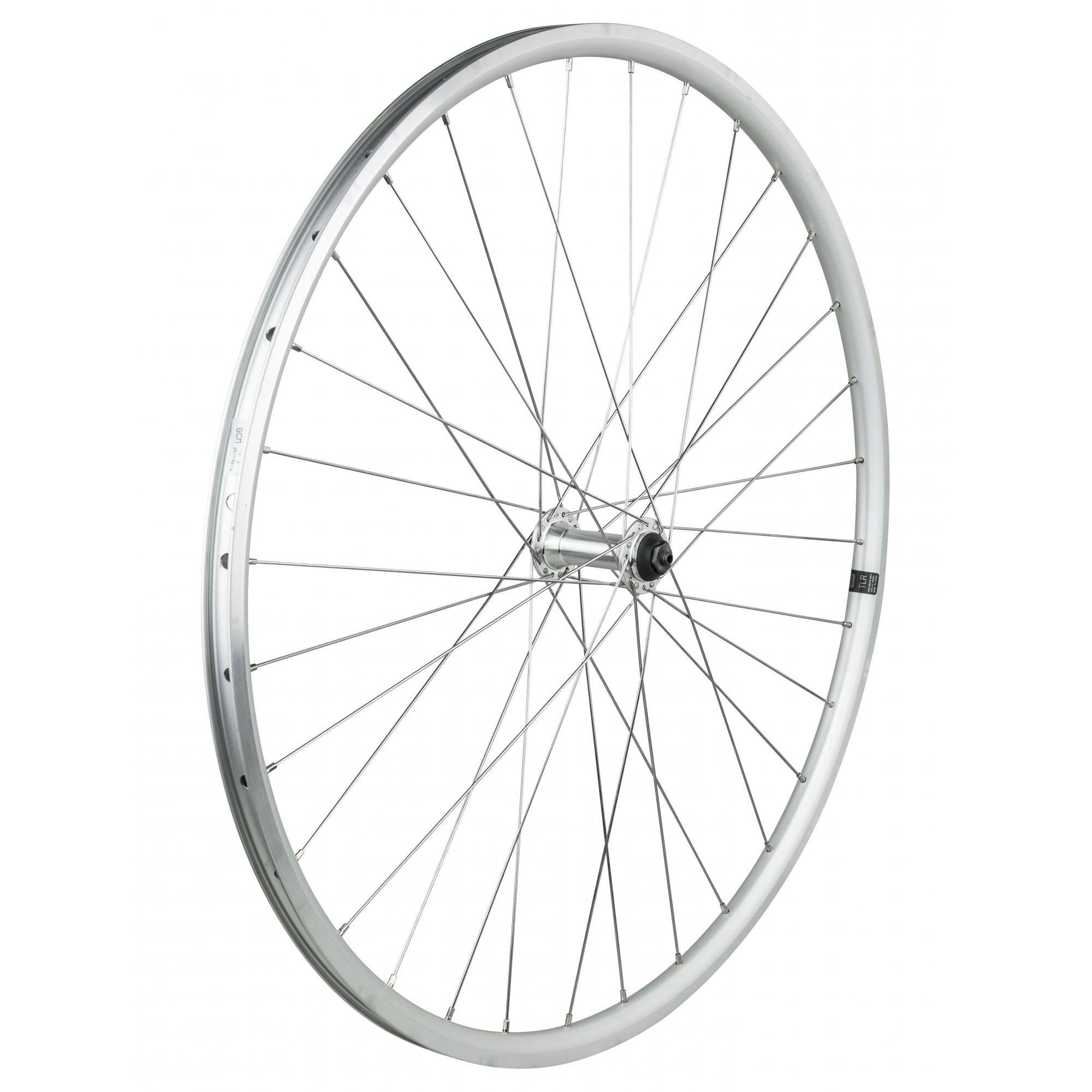 Bontrager Approved TLR 32H Clincher 700C road wheels, tubeless-ready, with black spokes and silver rims for road cycling.