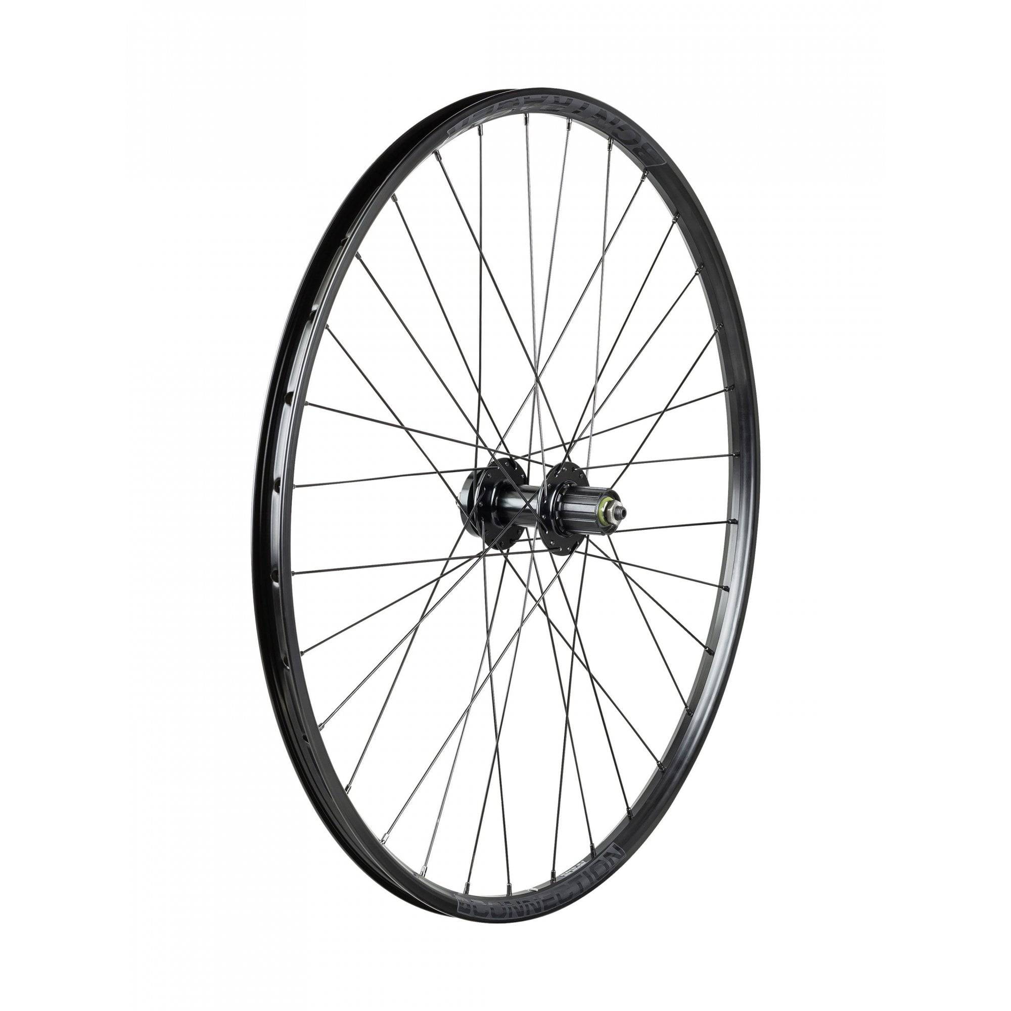 Bontrager 27.5-inch rear wheel with 6-bolt disc brake mount and Shimano HG 7-speed cassette in black, bike component.