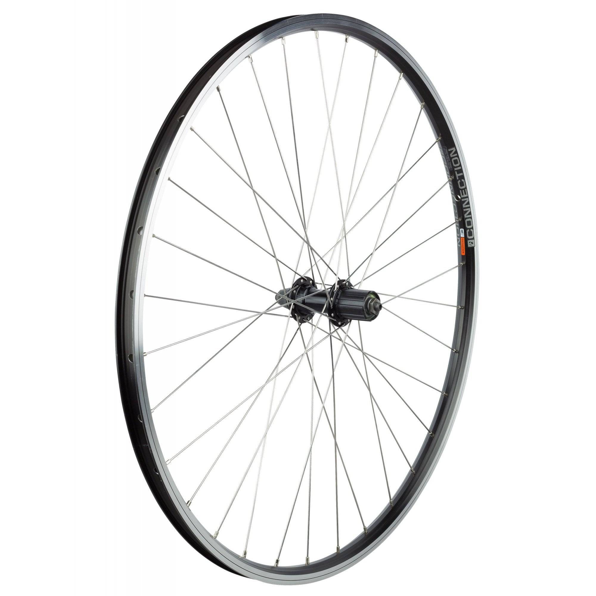 Bontrager Connection 700C MTB wheels with double-wall rims and Schrader valve compatibility, ready for mountain biking.