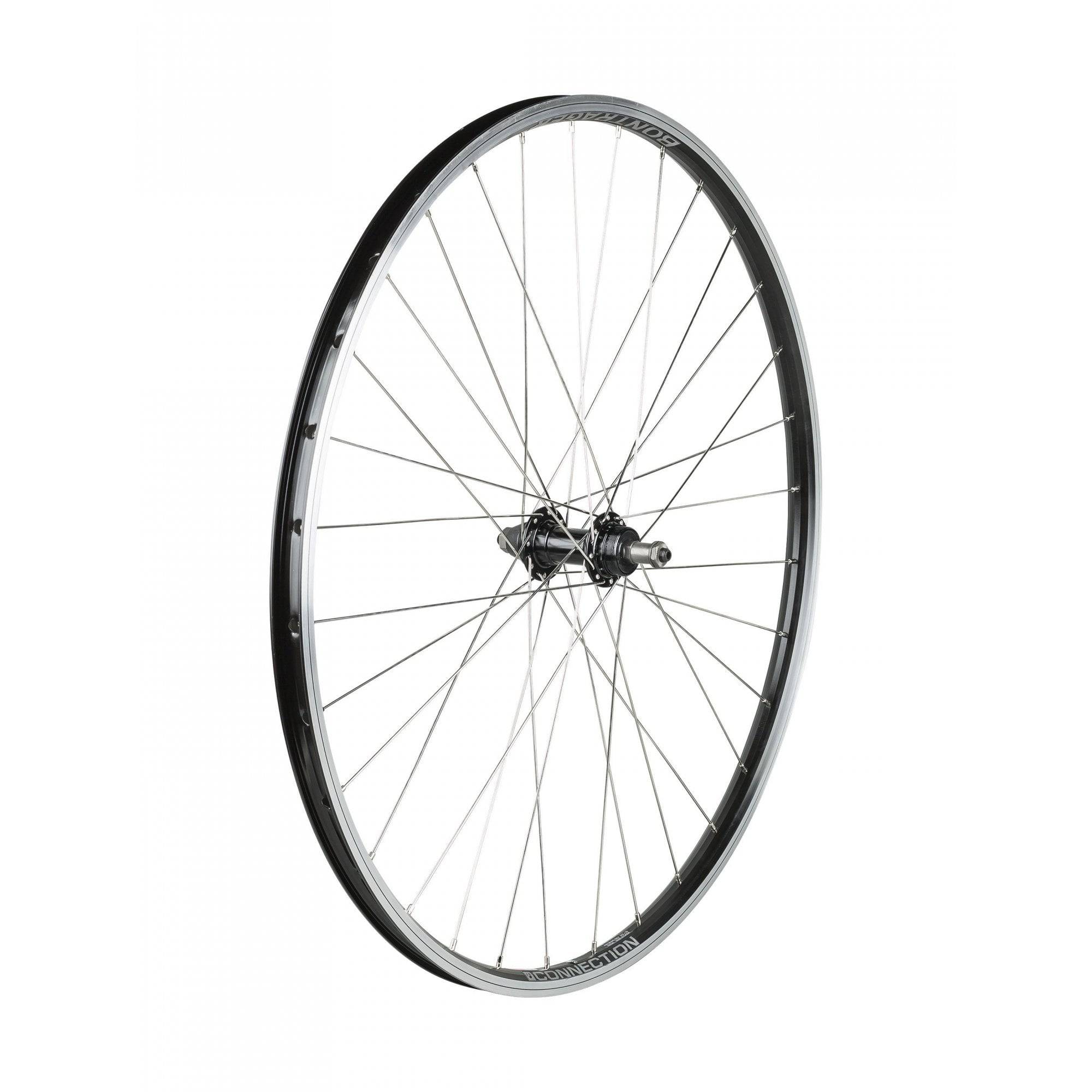 Bontrager Connection 700C MTB wheel with double-wall rim and Schrader valve, suitable for mountain biking components.